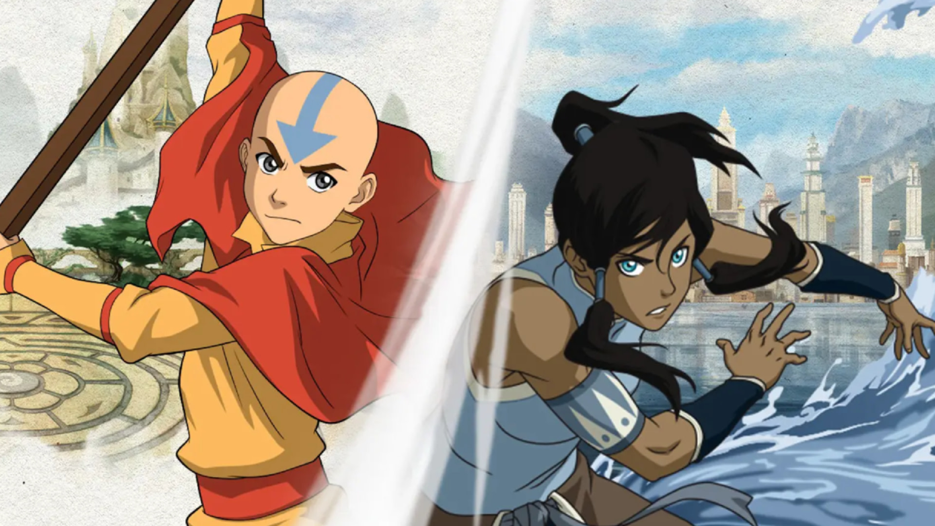 Aang and Korra from "Avatar: The Last Airbender" and "The Legend of Korra" are depicted, showcasing their elemental bending abilities.