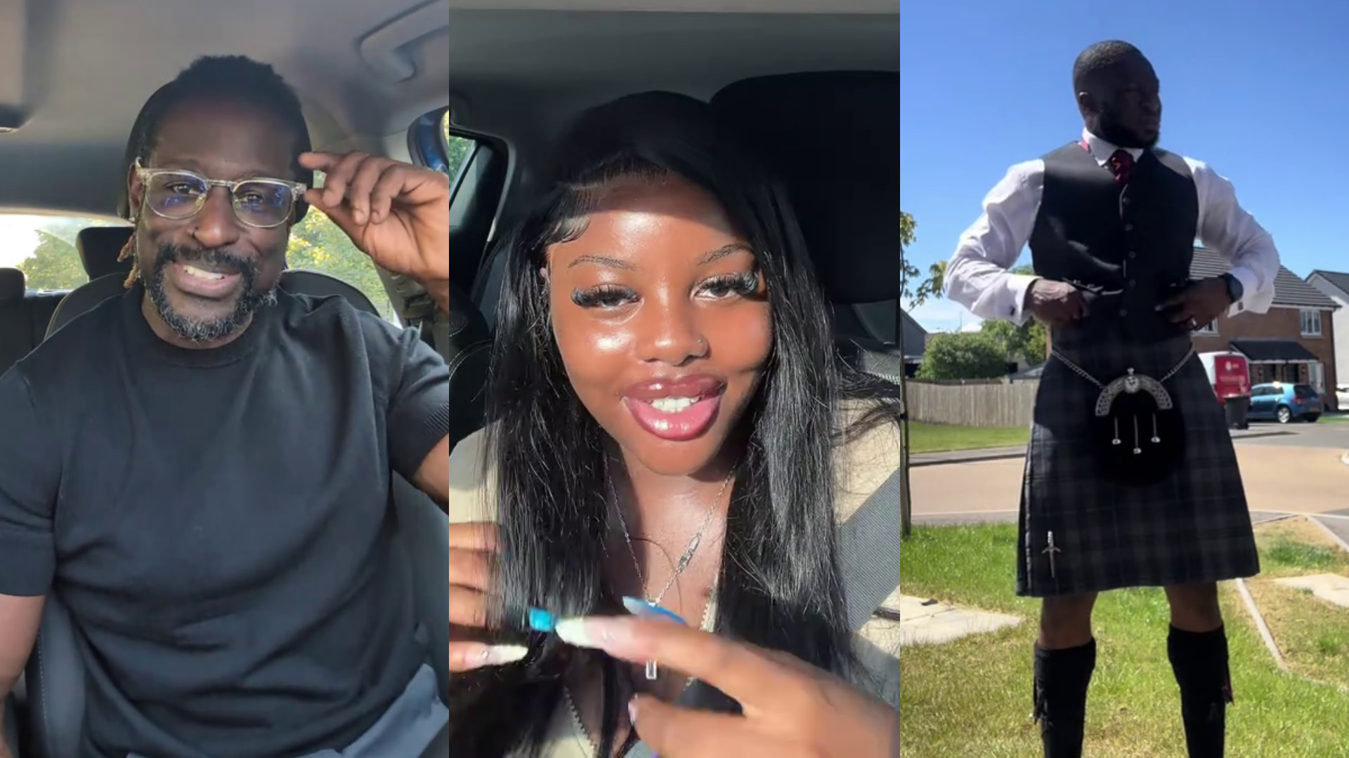 A collage of three people: a man in glasses and a black shirt, a smiling woman with long hair, and a man in a kilt outdoors.