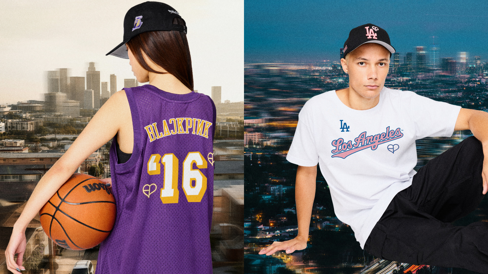 A woman in a purple "BLACKPINK '16" jersey holds a basketball. A man in a white "Los Angeles" shirt and cap sits against a cityscape.