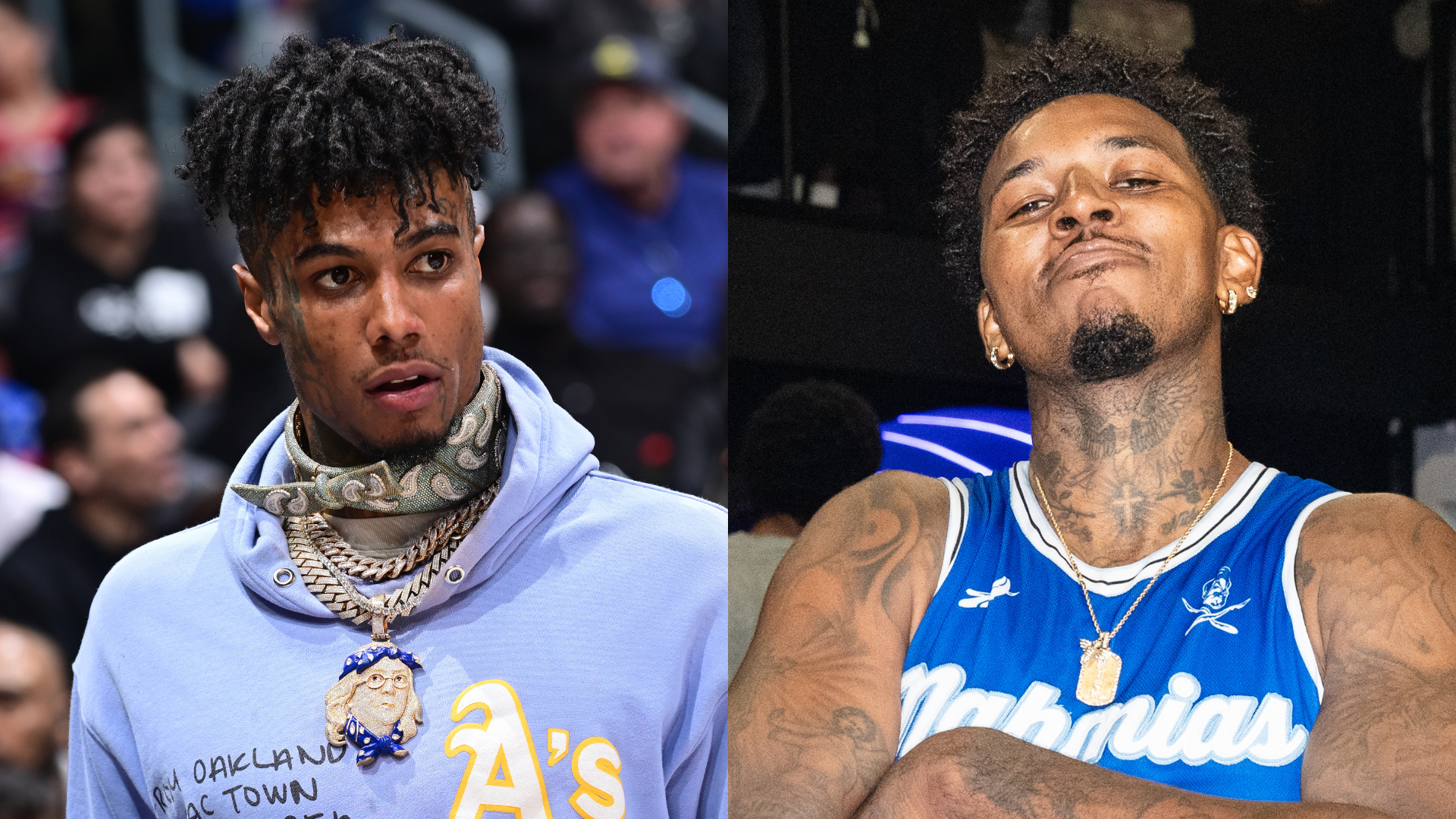 Two individuals are in a split image. The left person wears a light hoodie and jewelry, while the right person wears a blue jersey and poses confidently.