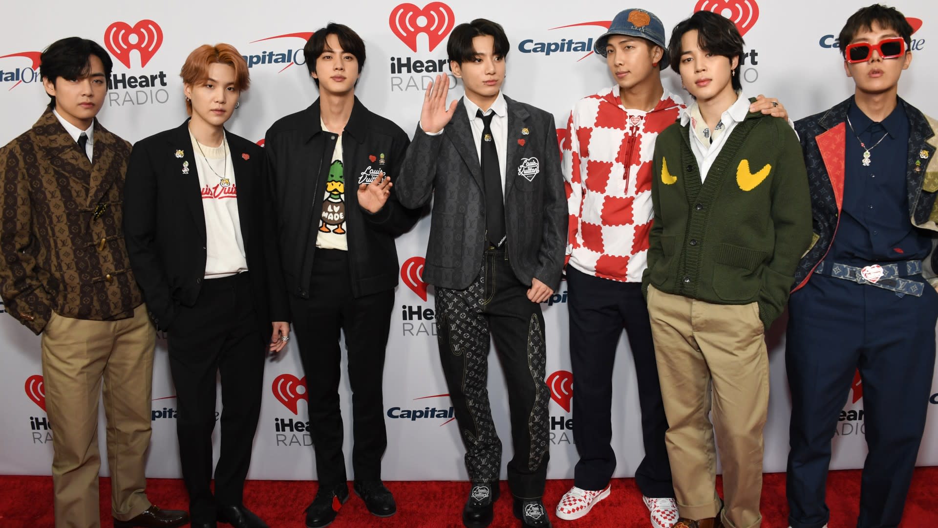 V, Suga, Jin, Jungkook, RM, Jimin, and J-Hope of BTS attend 102.7 KIIS FM's Jingle Ball 2021 Presented By Capital One at The Forum on December 03, 2021 in Inglewood, California. 