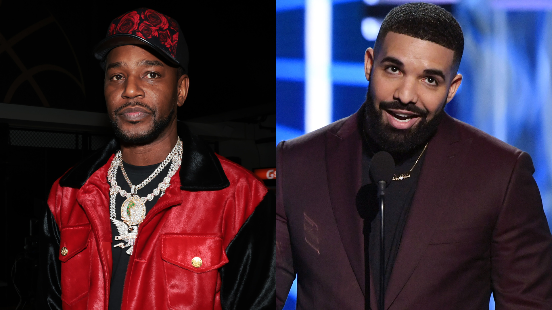 Cam'ron in a red and black jacket with jewelry, and Drake in a burgundy suit speaking at a podium.