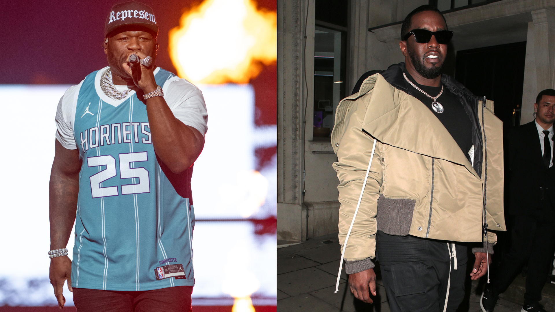 50 Cent performing in a Hornets jersey; Diddy wearing a stylish jacket and sunglasses, walking outside.