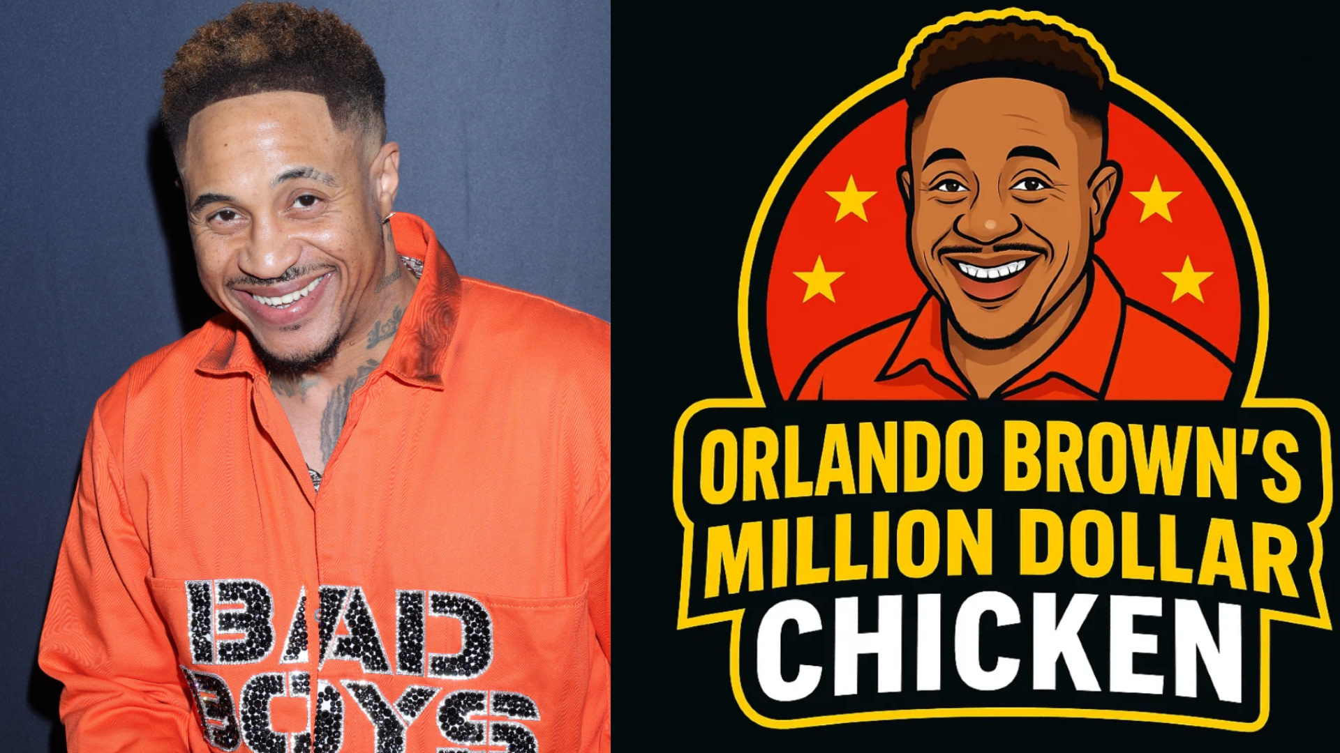 Orlando Brown in an orange shirt with a "Bad Boys" logo smiles. Next to him is a logo of a chicken wearing sunglasses and a red cap, labeled "Million Dollar Wings & Pudding."