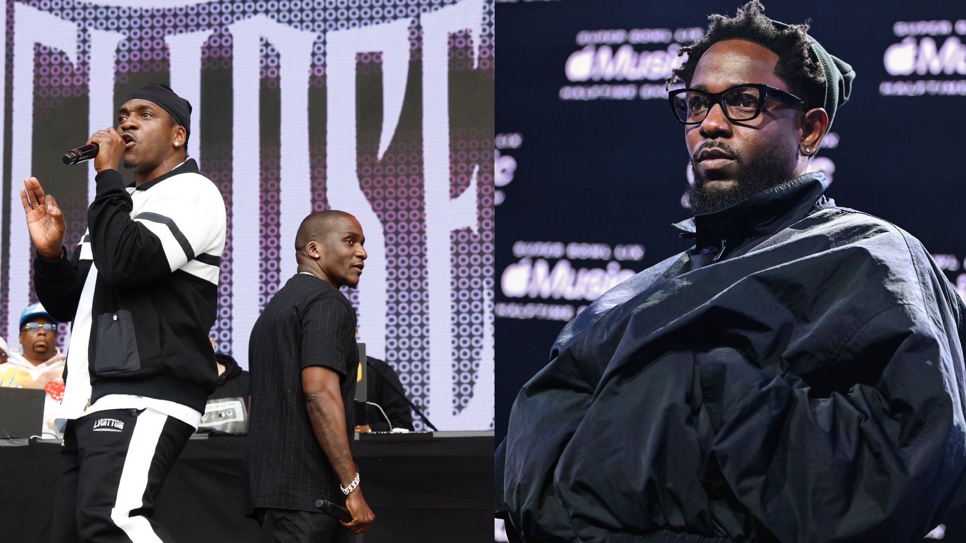 Clipse performing on stage, wearing a black and white outfits. Kendrick Lamar is seen on the right, wearing glasses and a dark jacket.