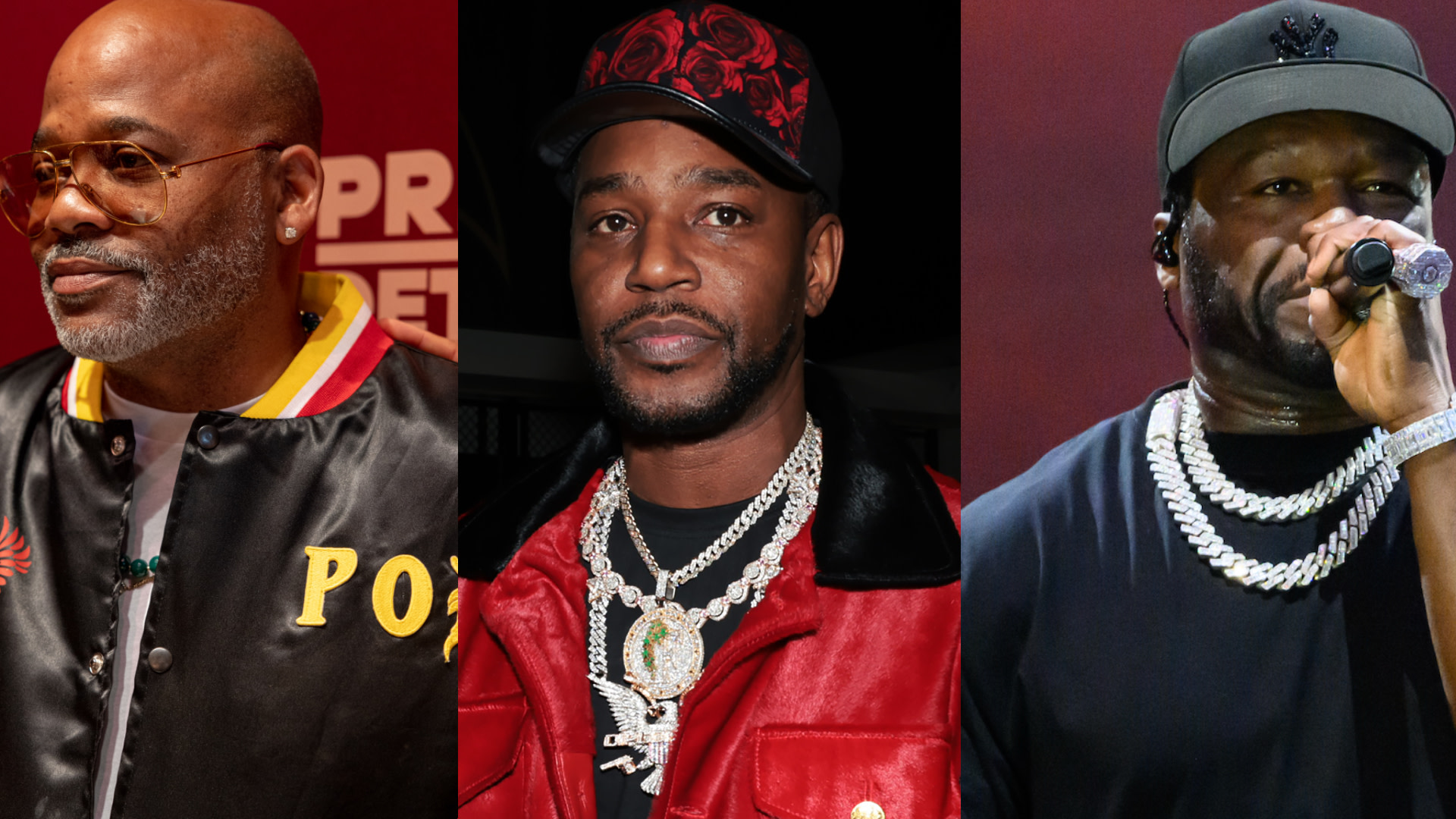Damon Dash, Cam'ron, and 50 Cent are shown. Dash wears sunglasses, Cam'ron in a red jacket, 50 Cent performs with a mic.