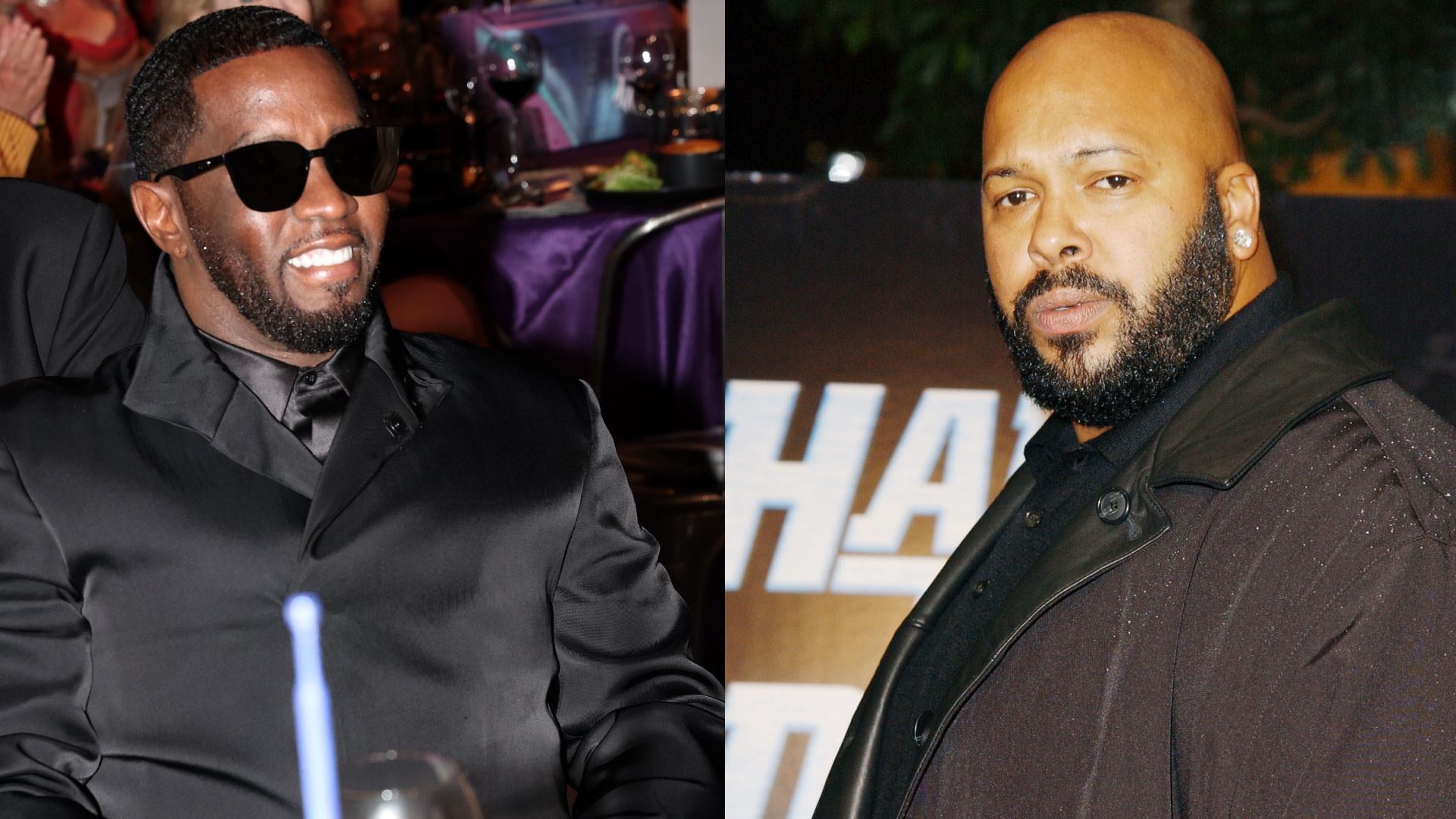 Diddy wearing sunglasses and a black suit, smiling at an event. Suge Knight in a dark coat, looking at the camera.