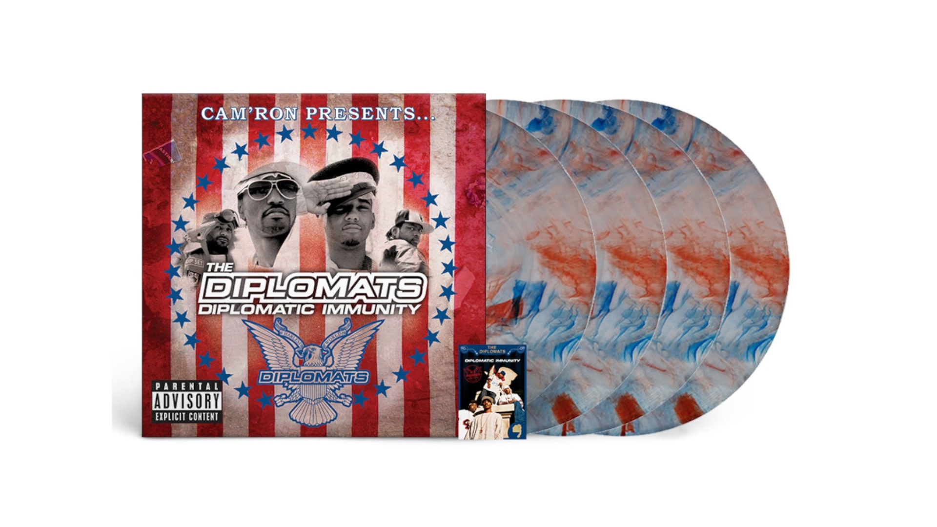 Album cover for "Diplomatic Immunity" by The Diplomats, featuring red, white, and blue vinyl records with a patriotic theme.