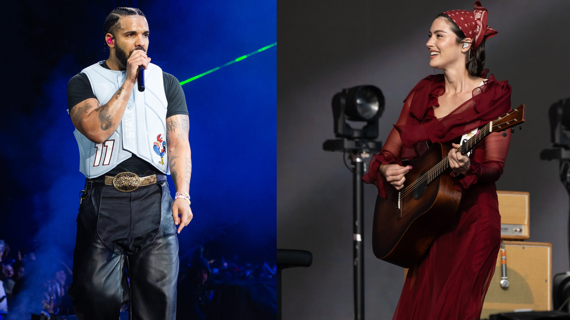 Drake performing on stage with a microphone, wearing a white vest. Gracie Abrams playing guitar in a red dress and headscarf, smiling.