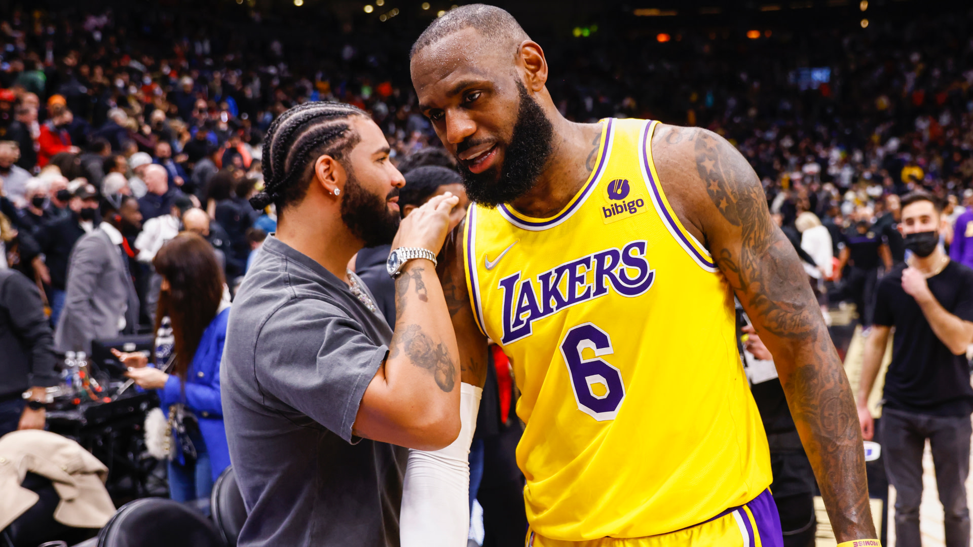 Drake and LeBron James at a basketball game, Drake in casual wear, LeBron in a Lakers jersey, number 6.
