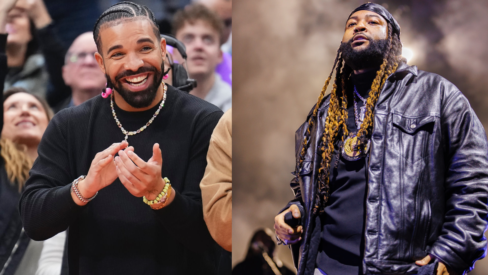 Drake on the left, smiling and clapping at a game. On the right, Partynextdoor with long braids and a leather jacket on stage.