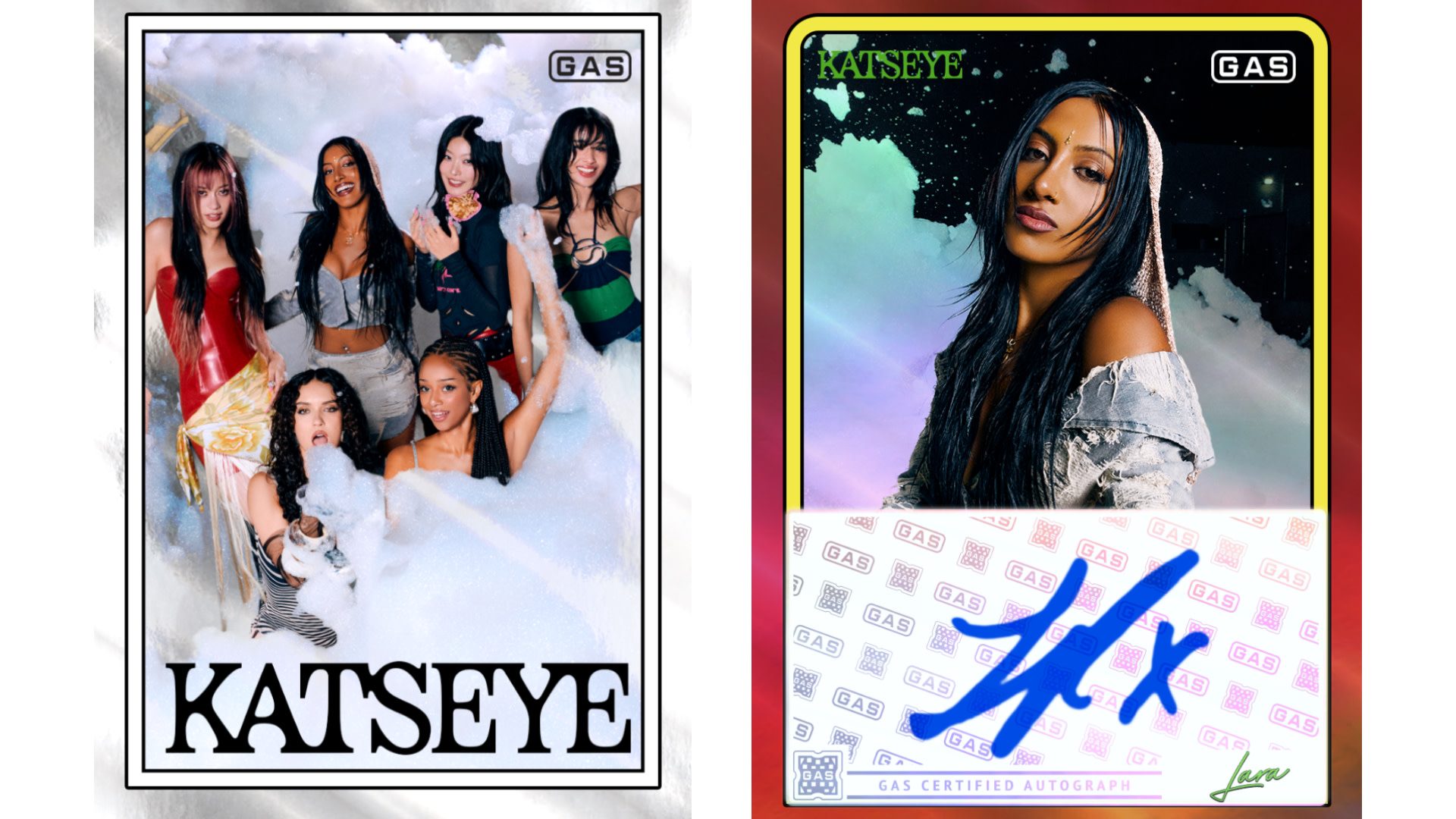 A promotional image for "Katseye" with a group of women in stylish outfits on the left and a solo portrait of a woman on the right.