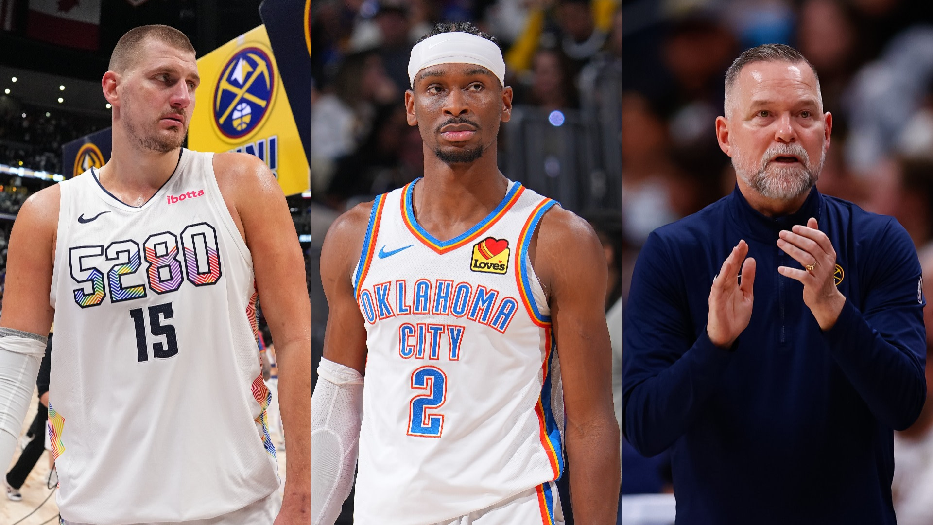 Split image of Nikola Jokic, Shai Gilgeous-Alexander and Michael Malone.