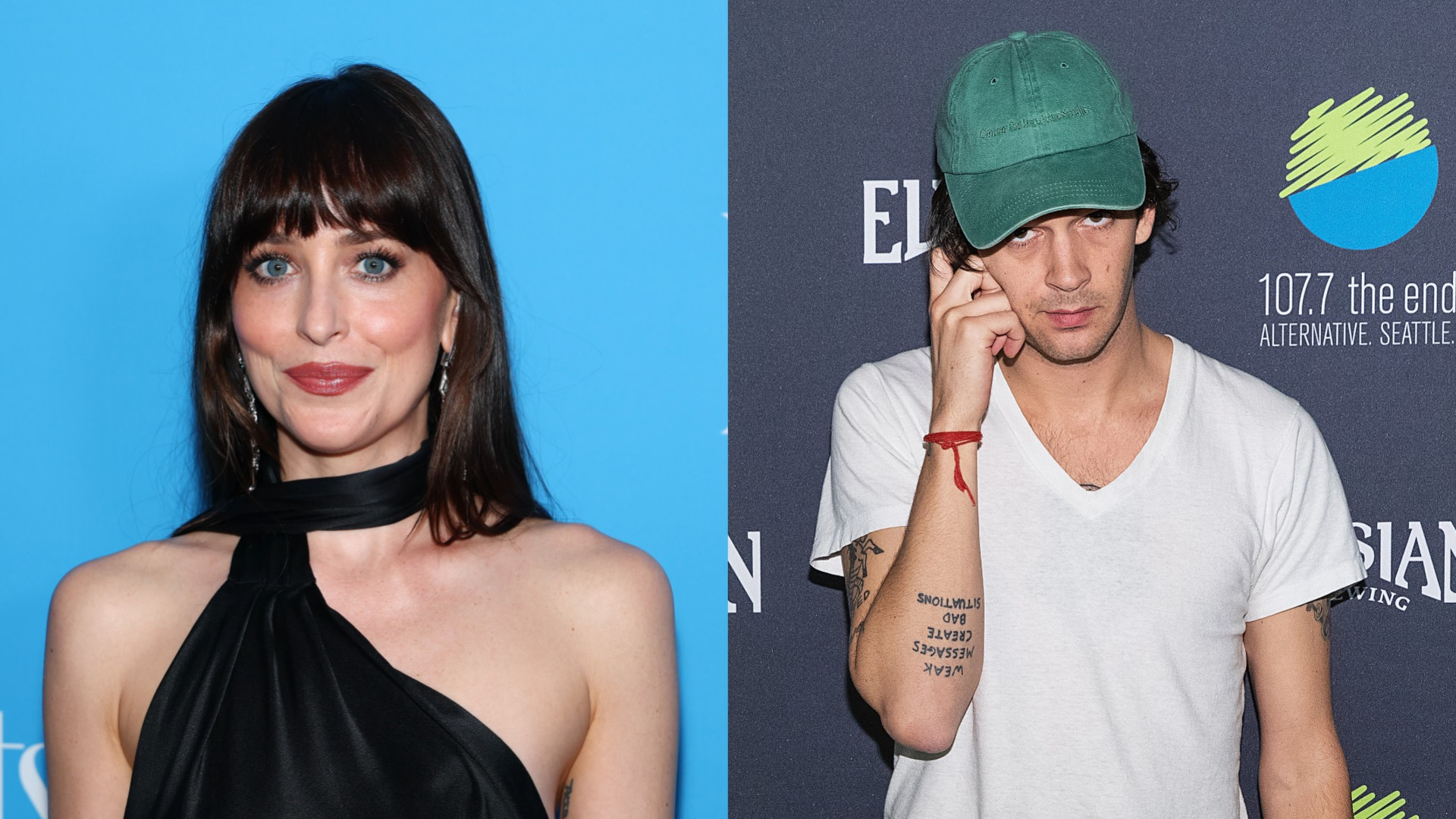 Split image of Dakota Johnson and Matty Healy.