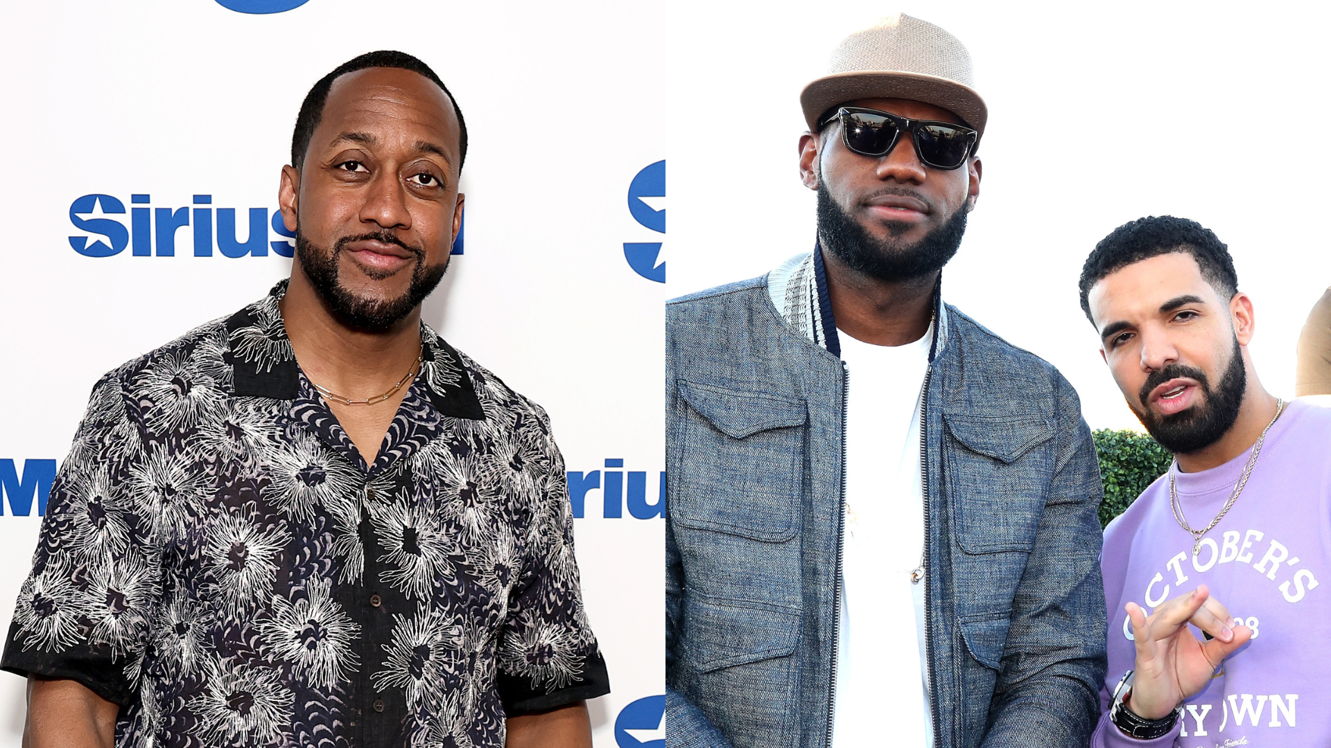 Jaleel White in a floral shirt, LeBron James in sunglasses and a hat, and Drake in a purple shirt, posing at an event.