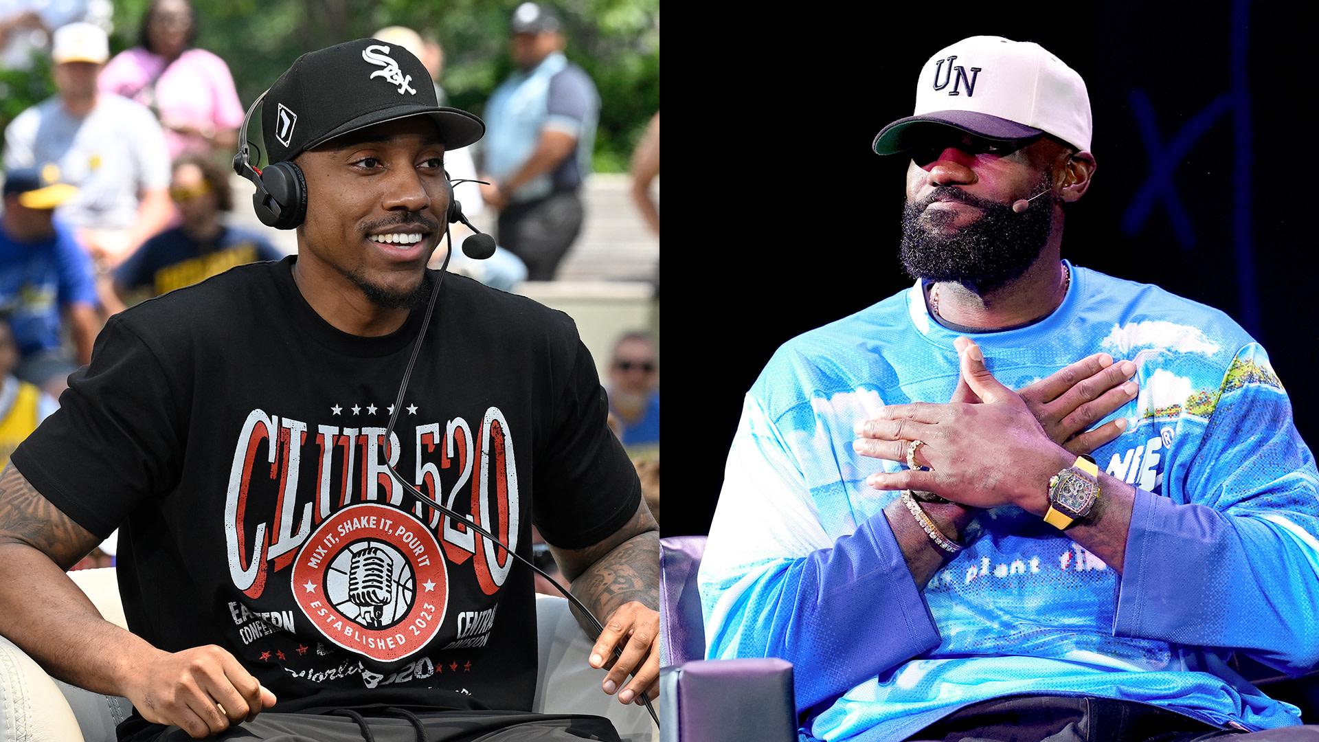 Jeff Teague commenting during a game of the NBA Finals, LeBron James speaking onstage during Fanatics Fest NYC 2025.