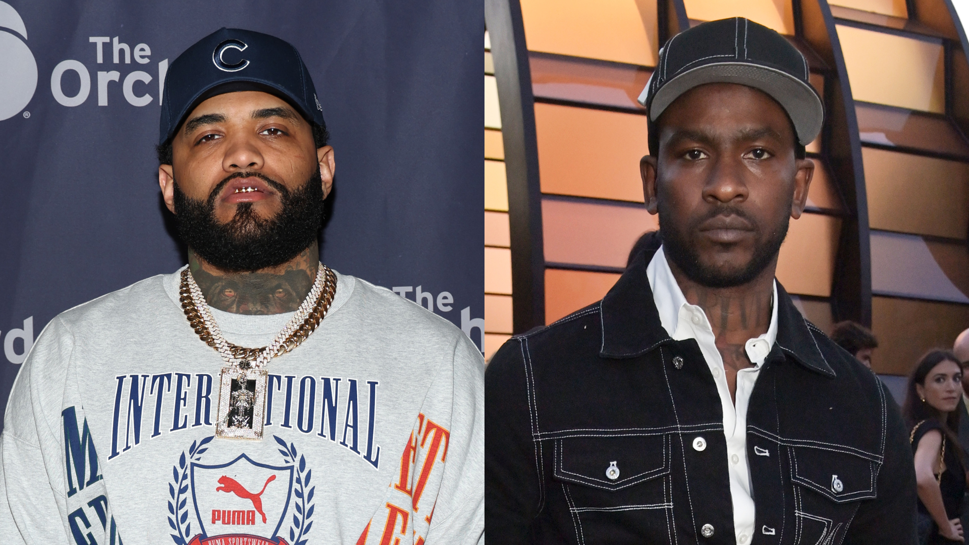 Two men, one wearing a cap and sweatshirt with chains, the other in a dark jacket and cap, standing in front of different backgrounds.