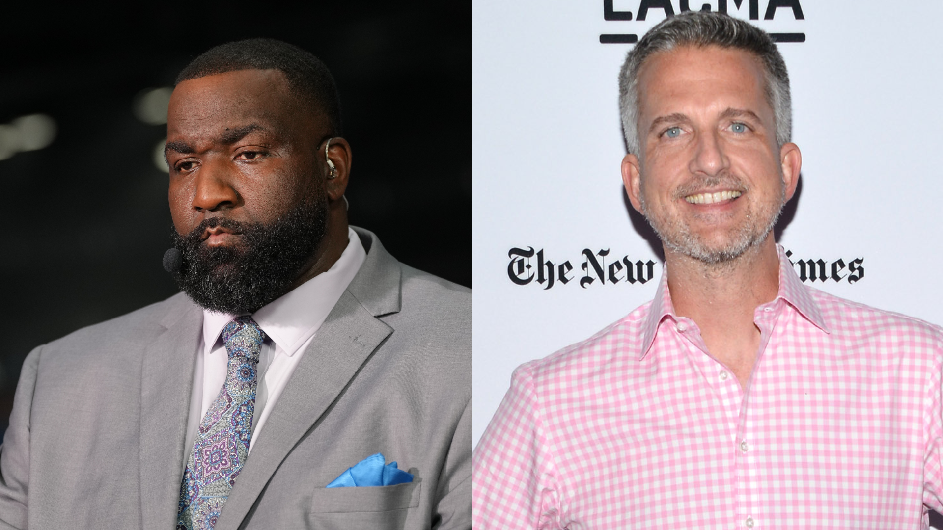 Kendrick Perkins in a suit with a microphone earpiece, and Bill Simmons in a pink checkered shirt at an event.