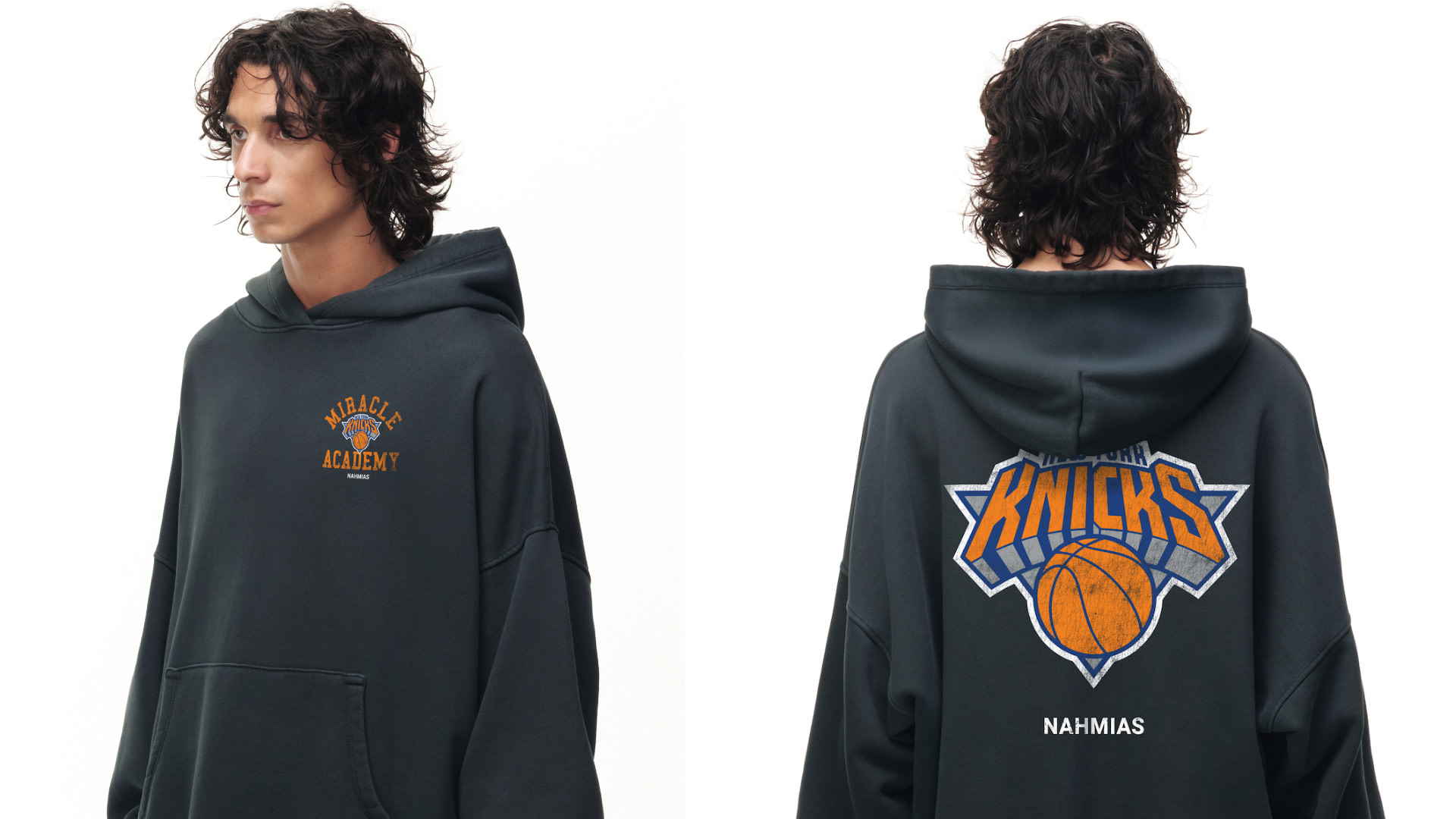 A person wearing a dark hoodie with "Miracle Academy" on the front and a large "Knicks" logo on the back.