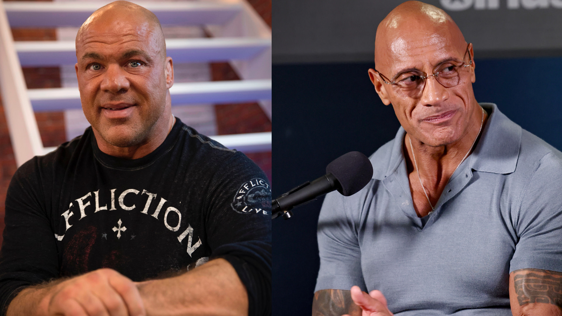 Kurt Angle on the left wears a black shirt, and Dwayne Johnson on the right, with glasses, wears a gray polo and has tattoos.
