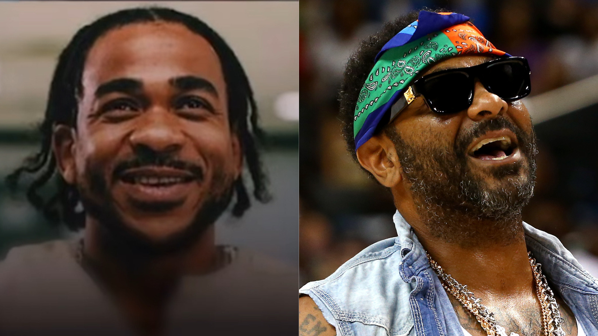 Two men are pictured: on the left, a smiling man with braids; on the right, a man with sunglasses, a colorful bandana, and a denim vest.