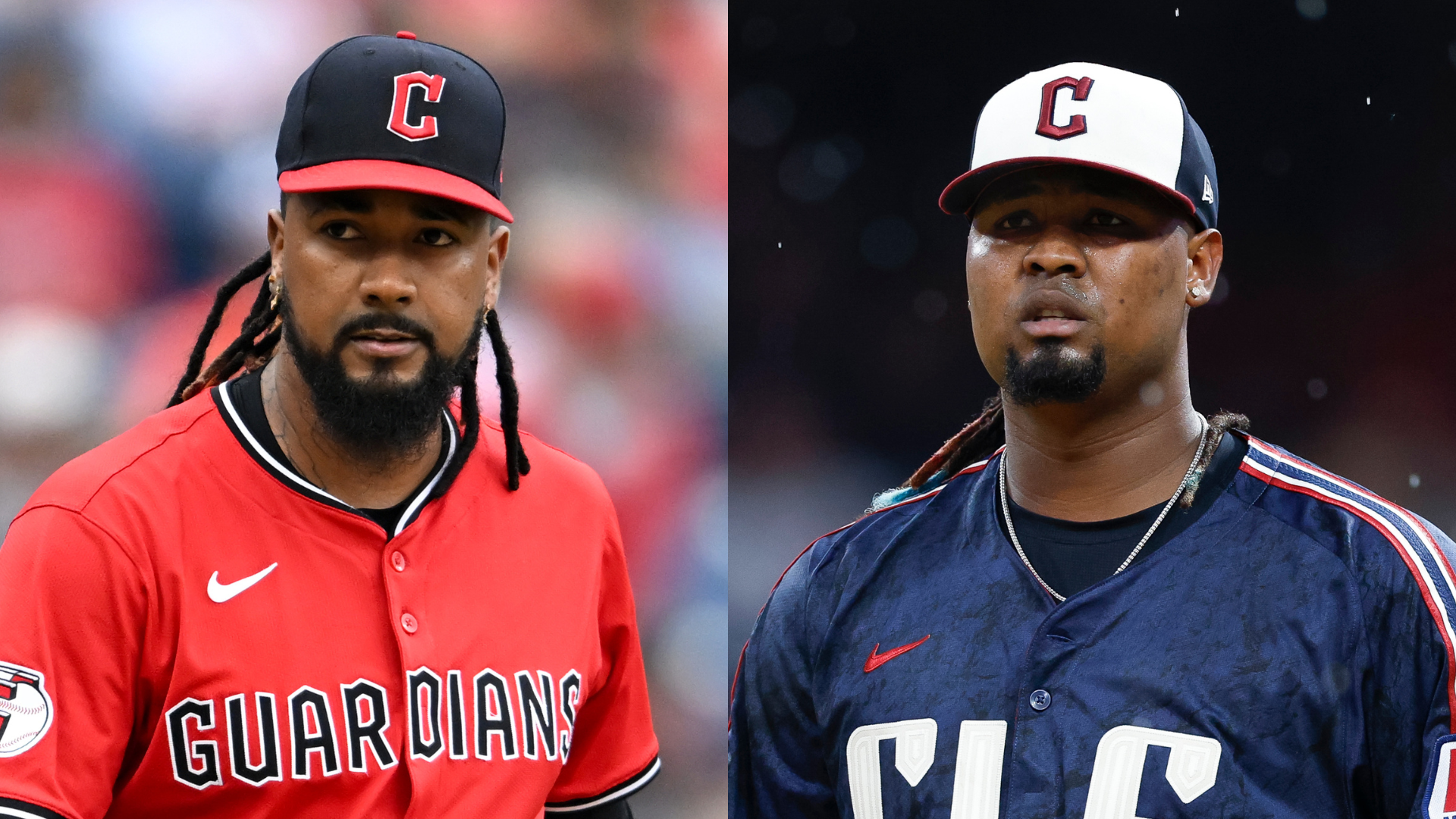 Two baseball players from the Cleveland Guardians, wearing team jerseys and caps, appear in side-by-side images.
