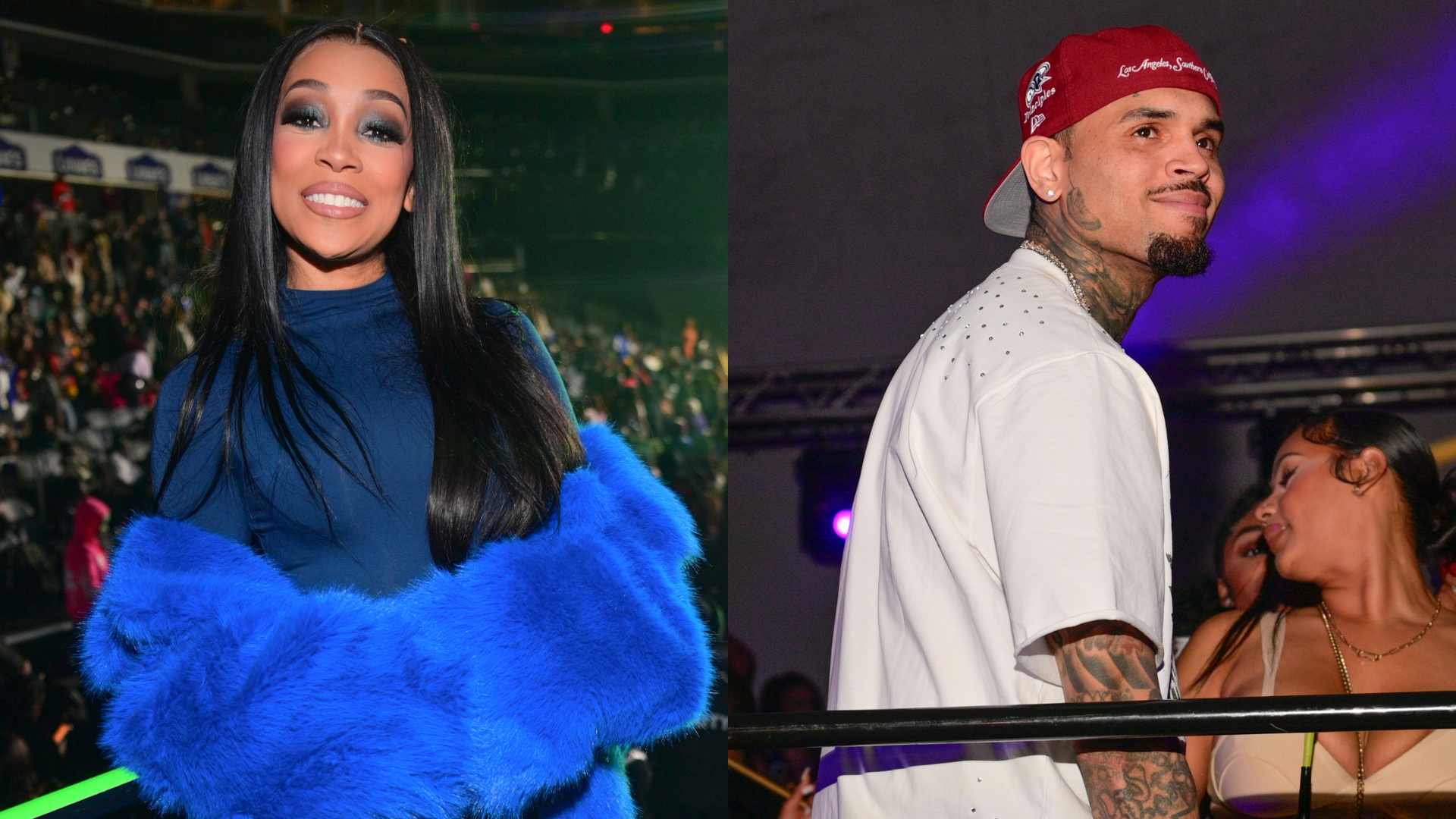 Monica in a blue outfit smiling at an event, and Chris Brown wearing a red cap and white shirt at a party.