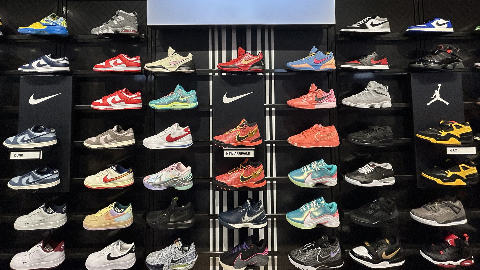Nike sneakers on display on a wall at a store in Annapolis, Maryland