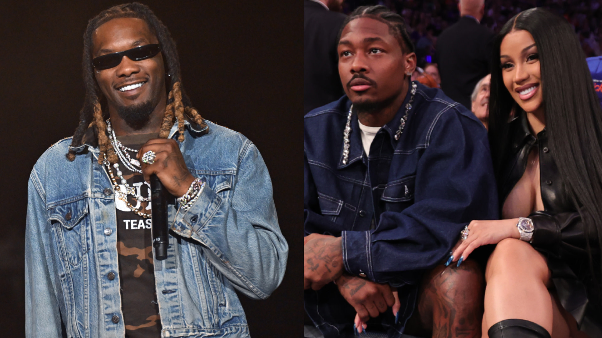 Offset in a denim jacket on stage; Stefon Diggs and Cardi B sitting courtside, smiling.