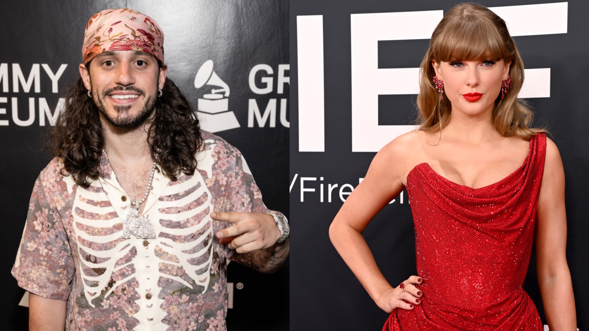 Russ wearing a patterned shirt and bandana, and Taylor Swift in a red dress, posing at separate events.