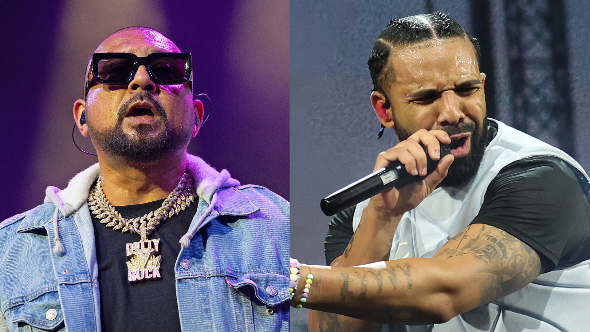 Sean Paul wearing sunglasses and a denim jacket, and Drake performing with a microphone.