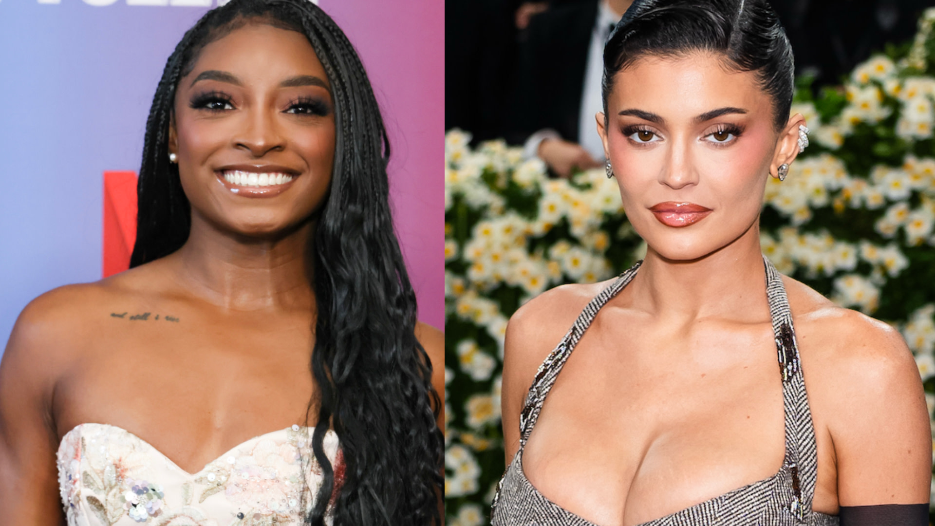 Simone Biles on the left, smiling in a floral dress. Kylie Jenner on the right, in a patterned dress with a floral background.