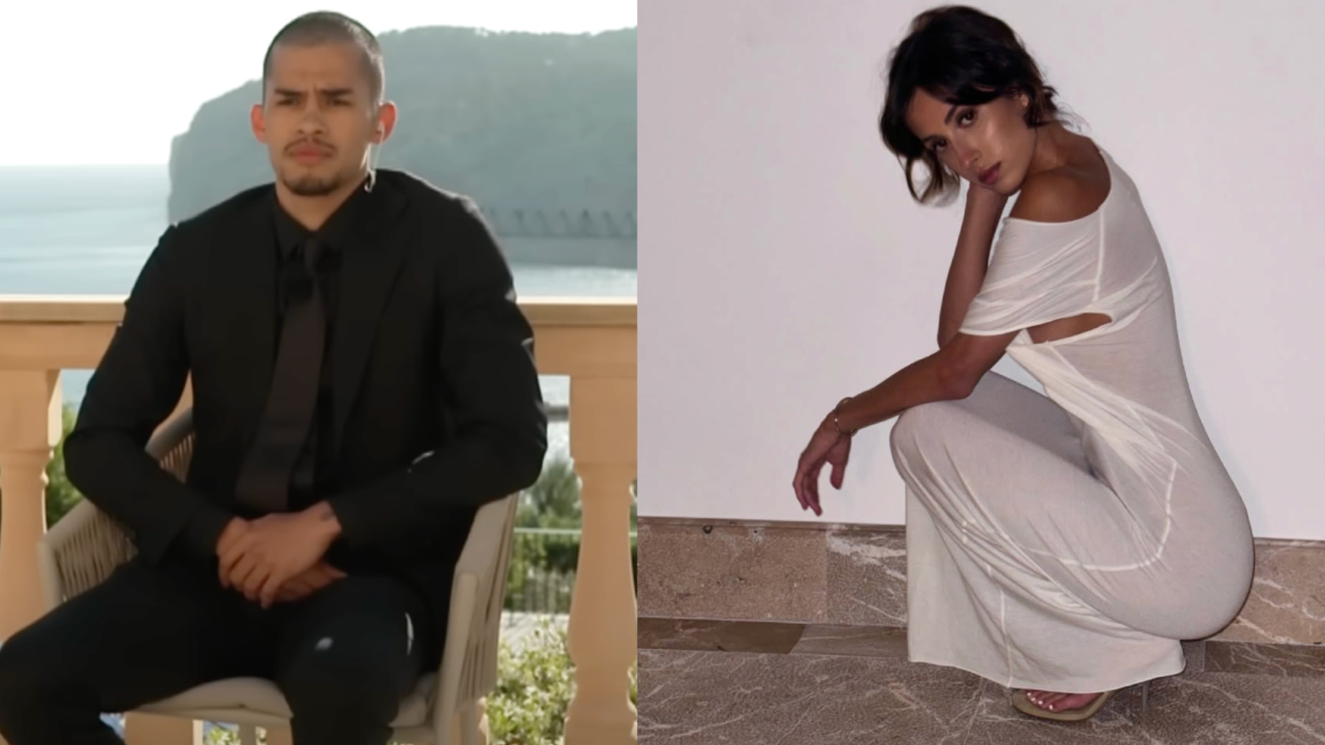 Two people are pictured: on the left, a man in a black suit sitting outdoors; on the right, a woman in a white dress posing indoors.
