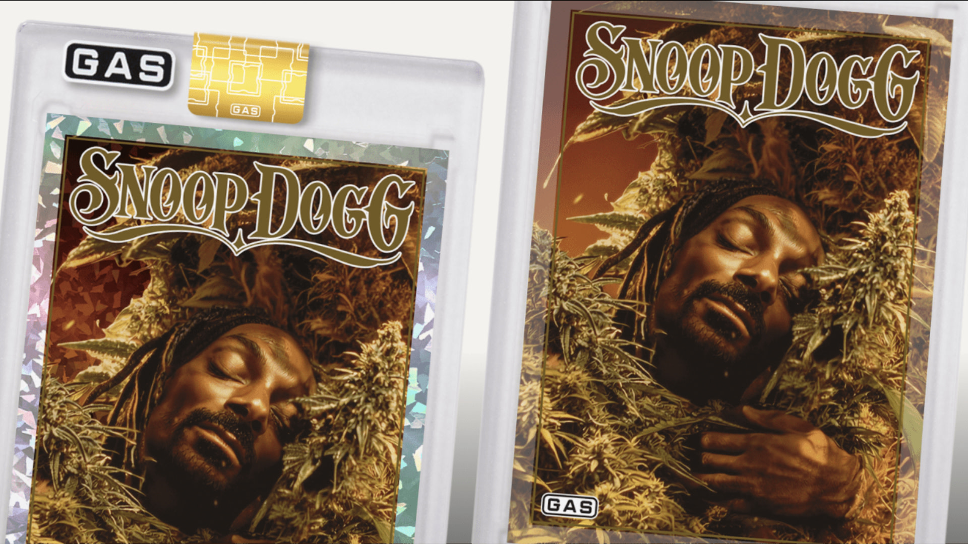 Snoop Dogg is featured embracing cannabis plants on packaging labeled "GAS" with his name prominently displayed.