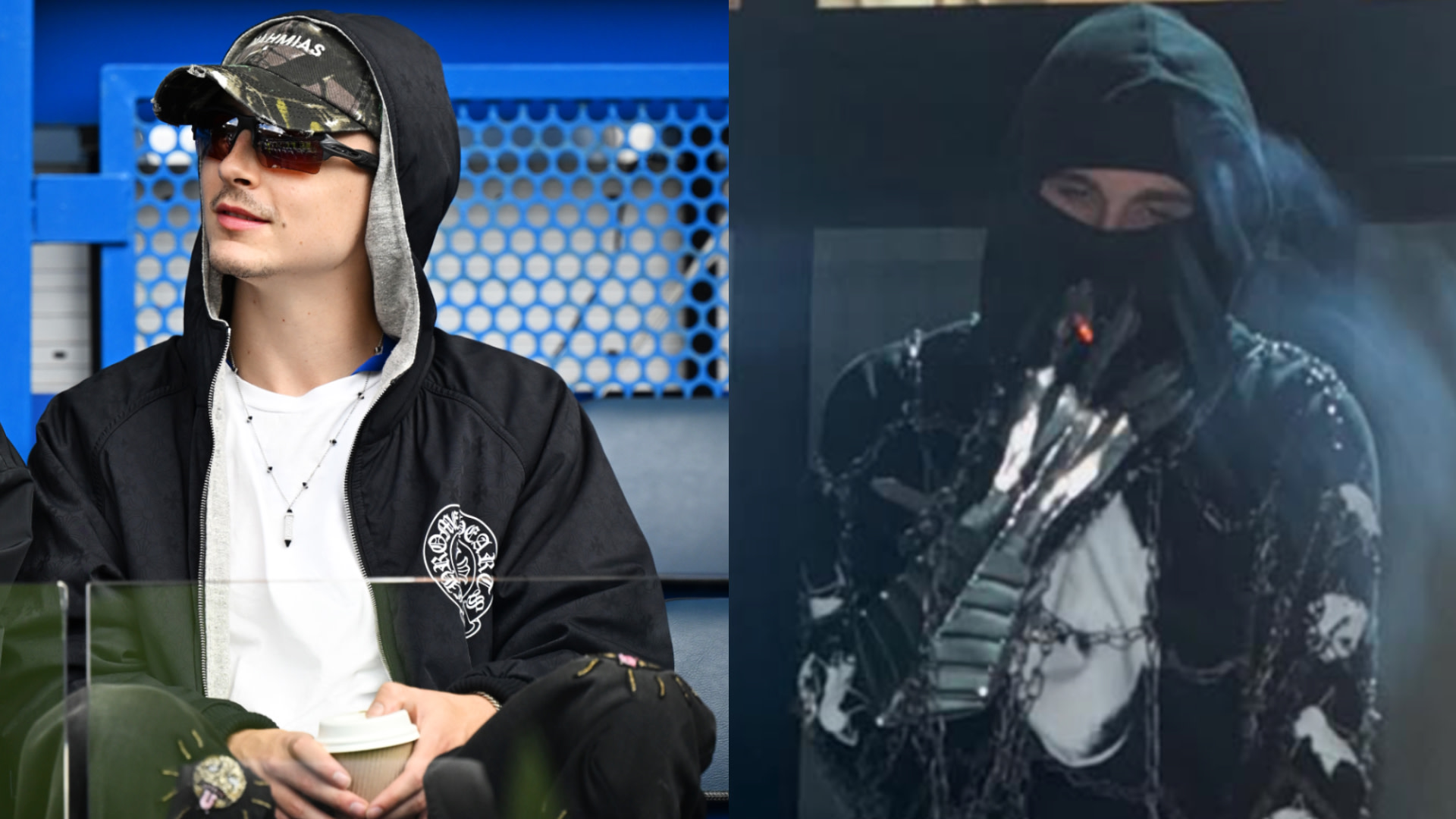 Two images side by side: Left, Timothee Chalamet in a hoodie and sunglasses holding a cup; right, EsDeeKid in a dark outfit and mask with a metallic glove.