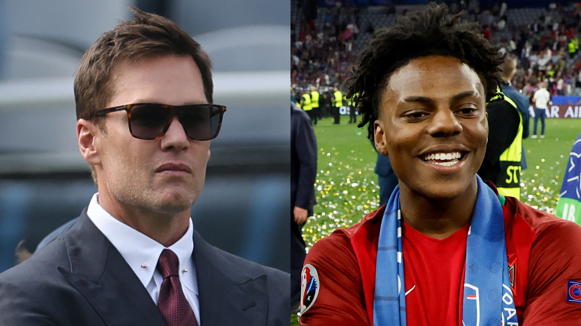 Tom Brady in a suit and sunglasses on the left; a smiling young man in a red sports jersey with a medal on the right.