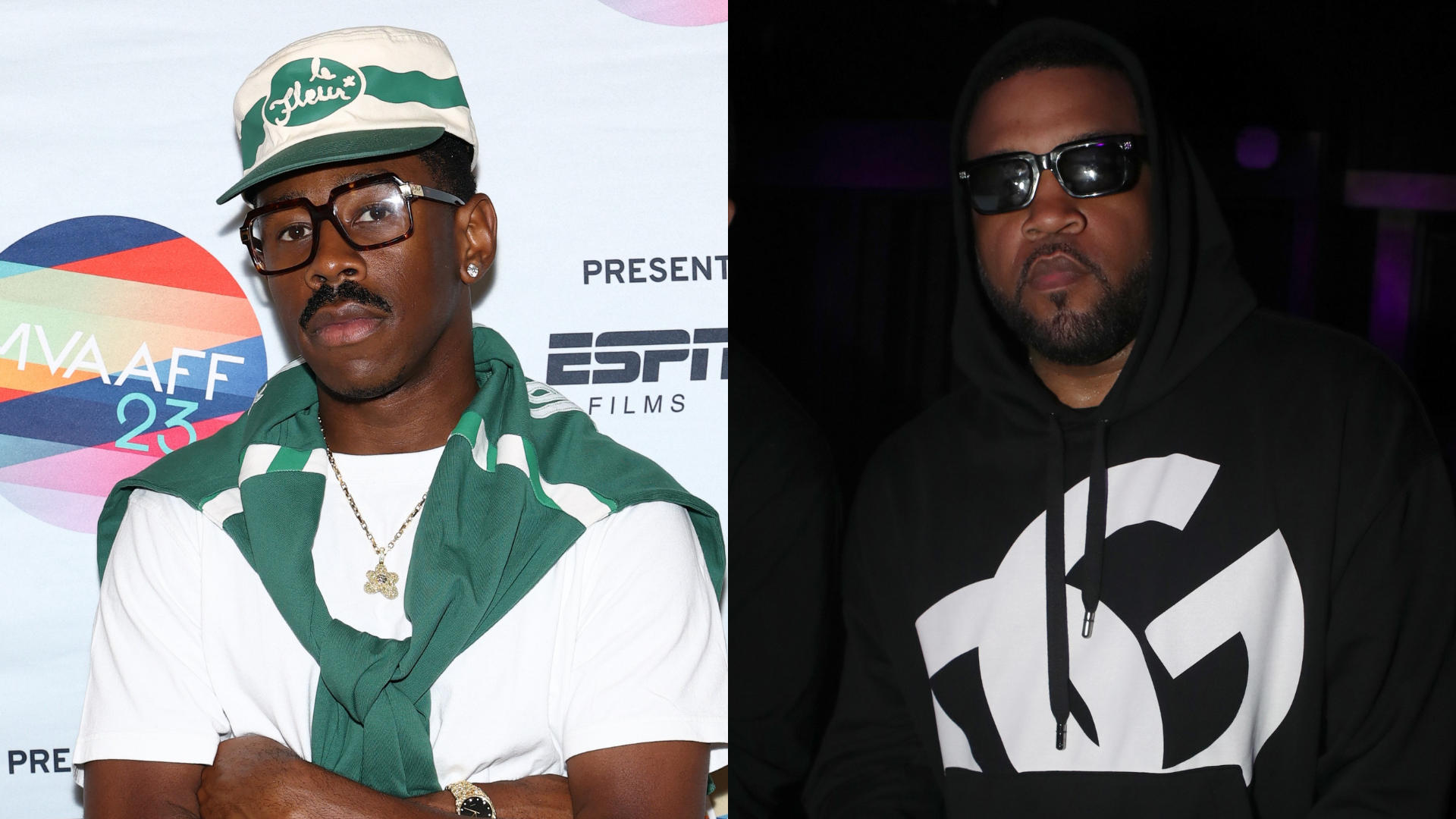 Tyler, the Creator wearing a green and white outfit and cap, stands beside DJ Drama in a black hoodie and sunglasses.
