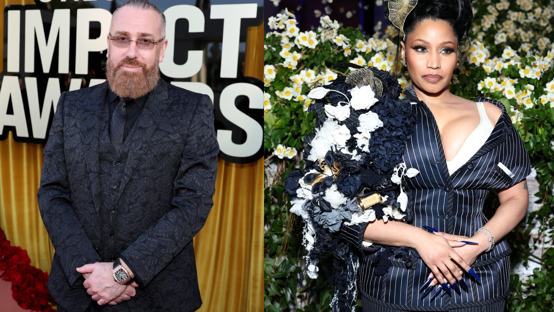 DJ Vlad in a dark suit with a beard; Nicki Minaj in a floral dress with a plunging neckline, set against a floral backdrop.