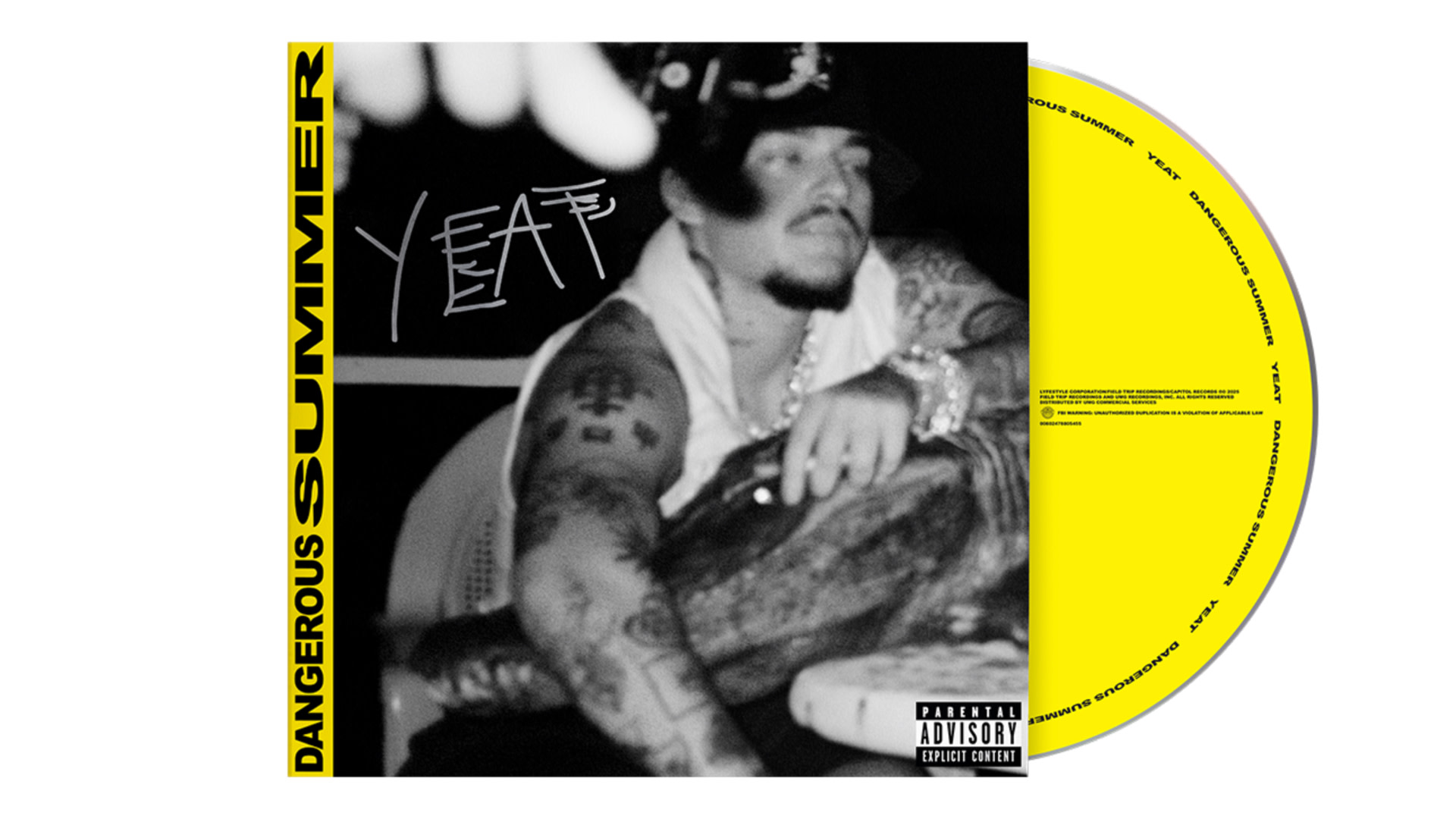 Black and white album cover featuring a man with tattoos and a hat, "YEAT" written in graffiti style. Yellow CD beside it.