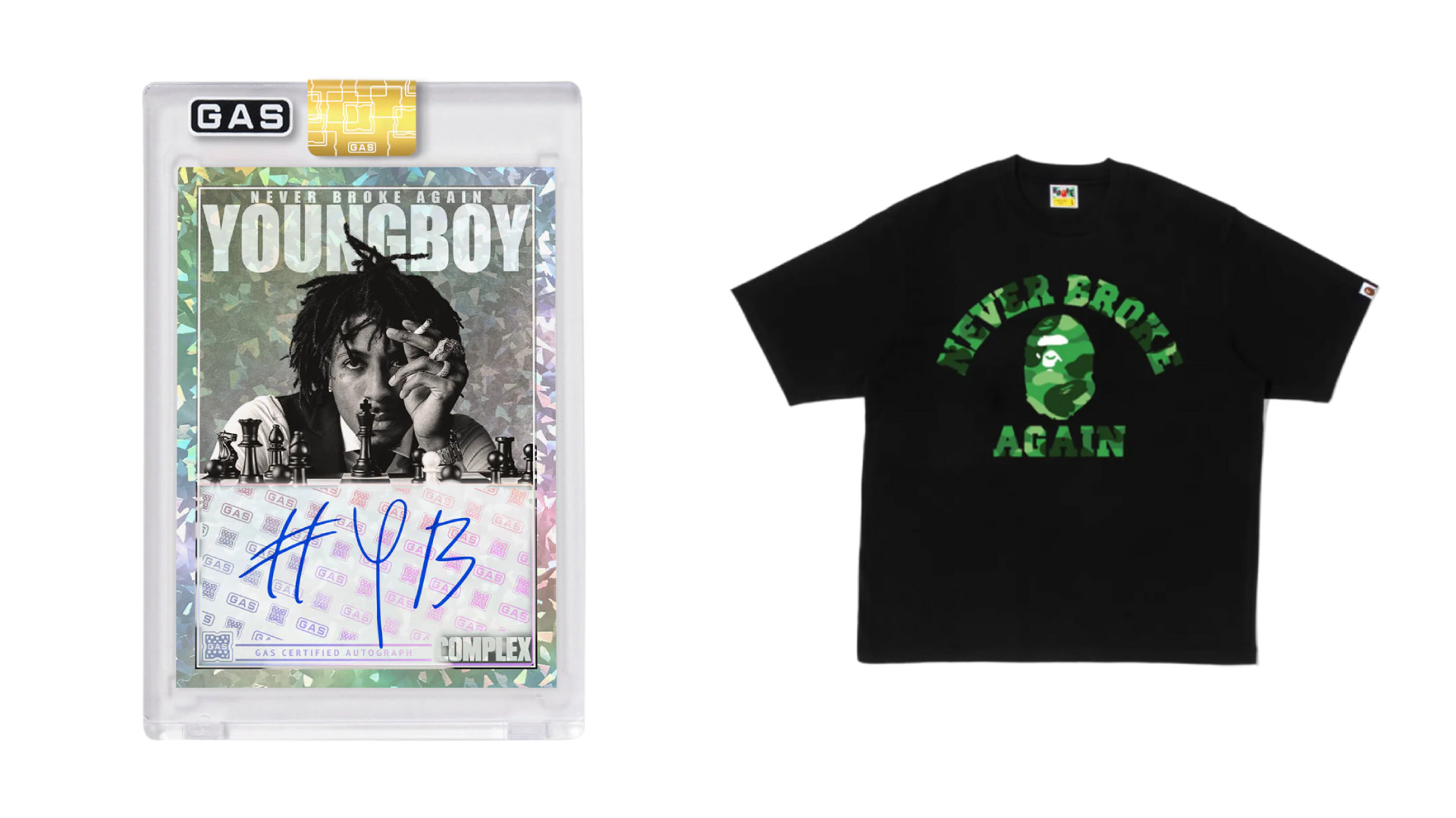 NBA YoungBoy GAS Cracked Ice Foil Trading Card and BAPE Shirts 