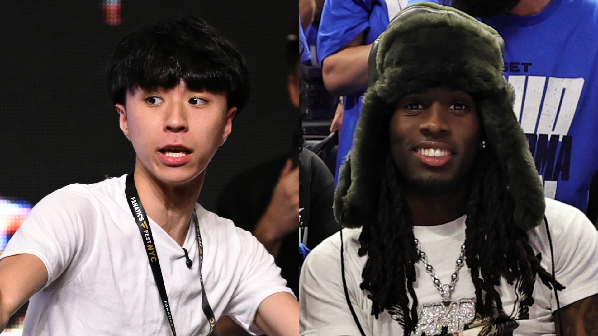 Two people are in the image: Rayasianboy on the left wearing a white shirt, and Kai Cenat on the right wearing a furry hat and a white shirt.