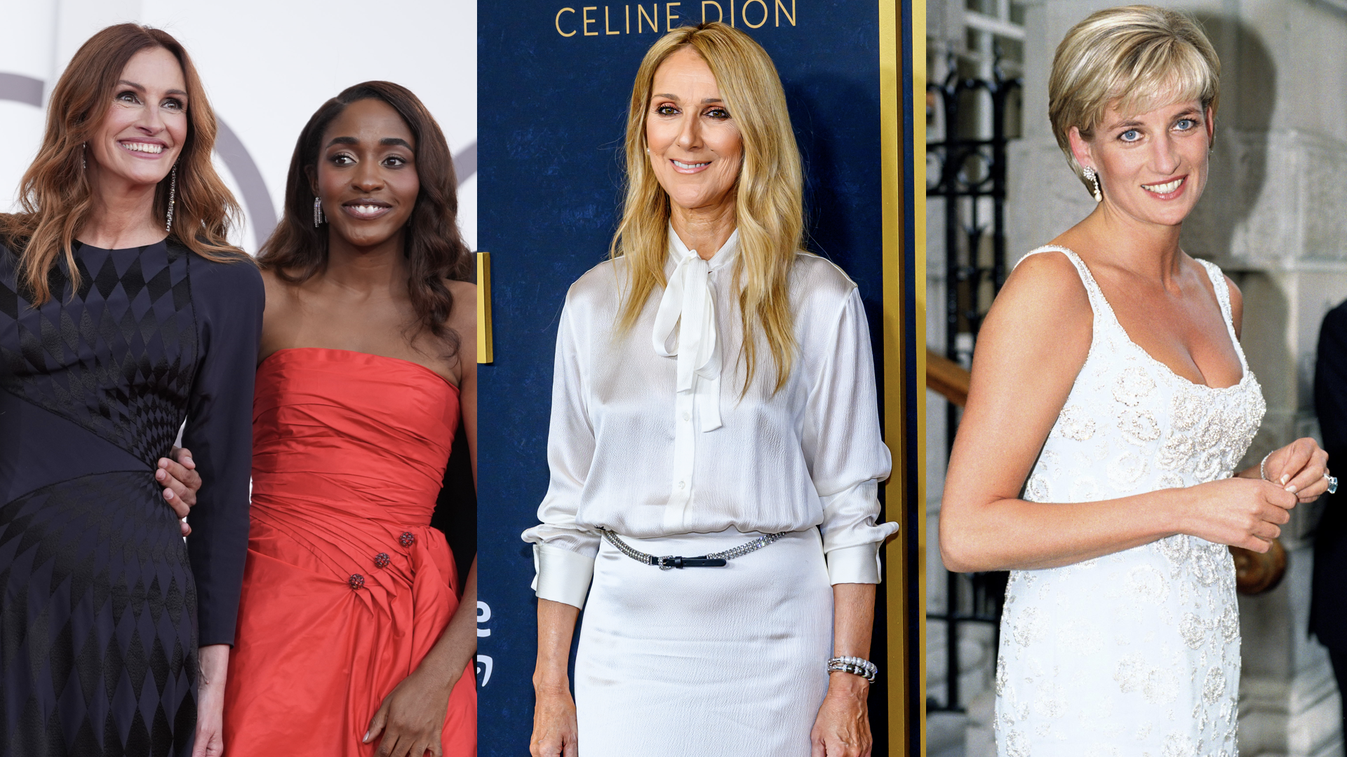 (L-R) Julia Roberts, Ayo Edebiri, Céline Dion and Princess Diana.