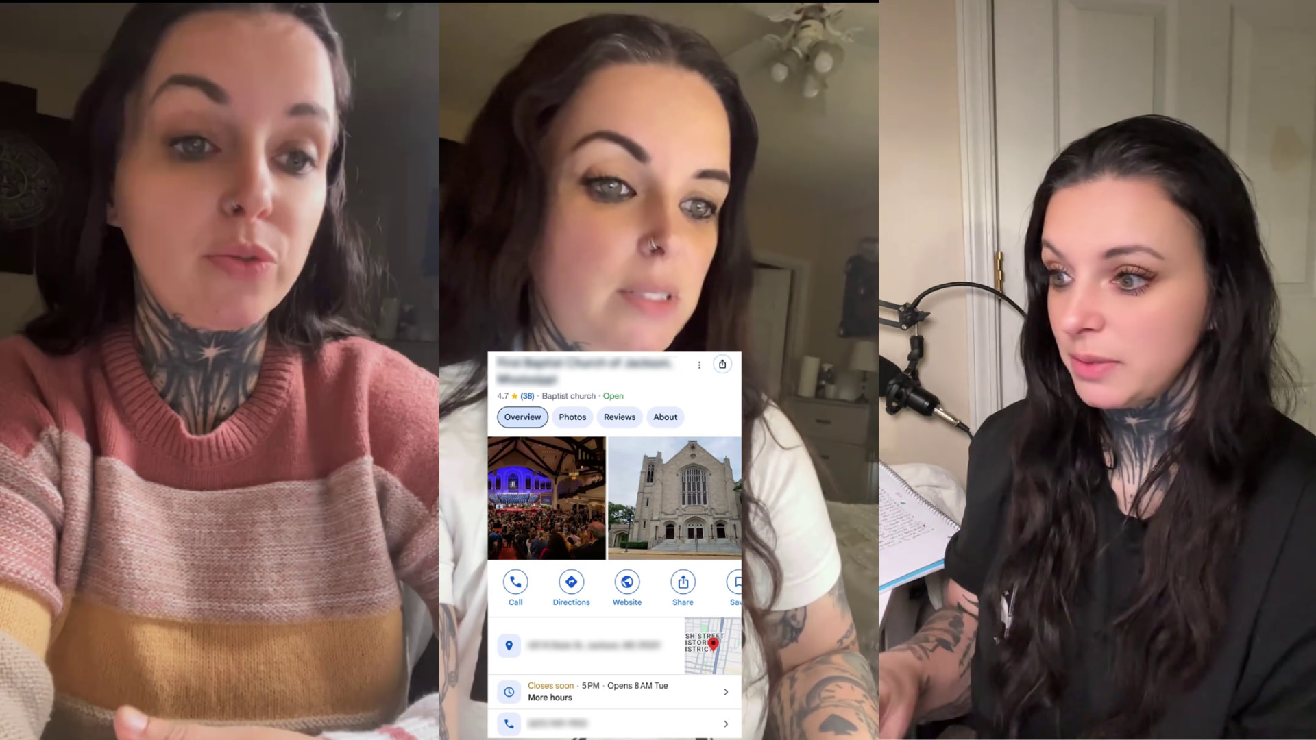 Influencer Nikalie Monroe with tattoos is shown in three different scenes: wearing a striped sweater, holding a phone, and sitting at a desk.