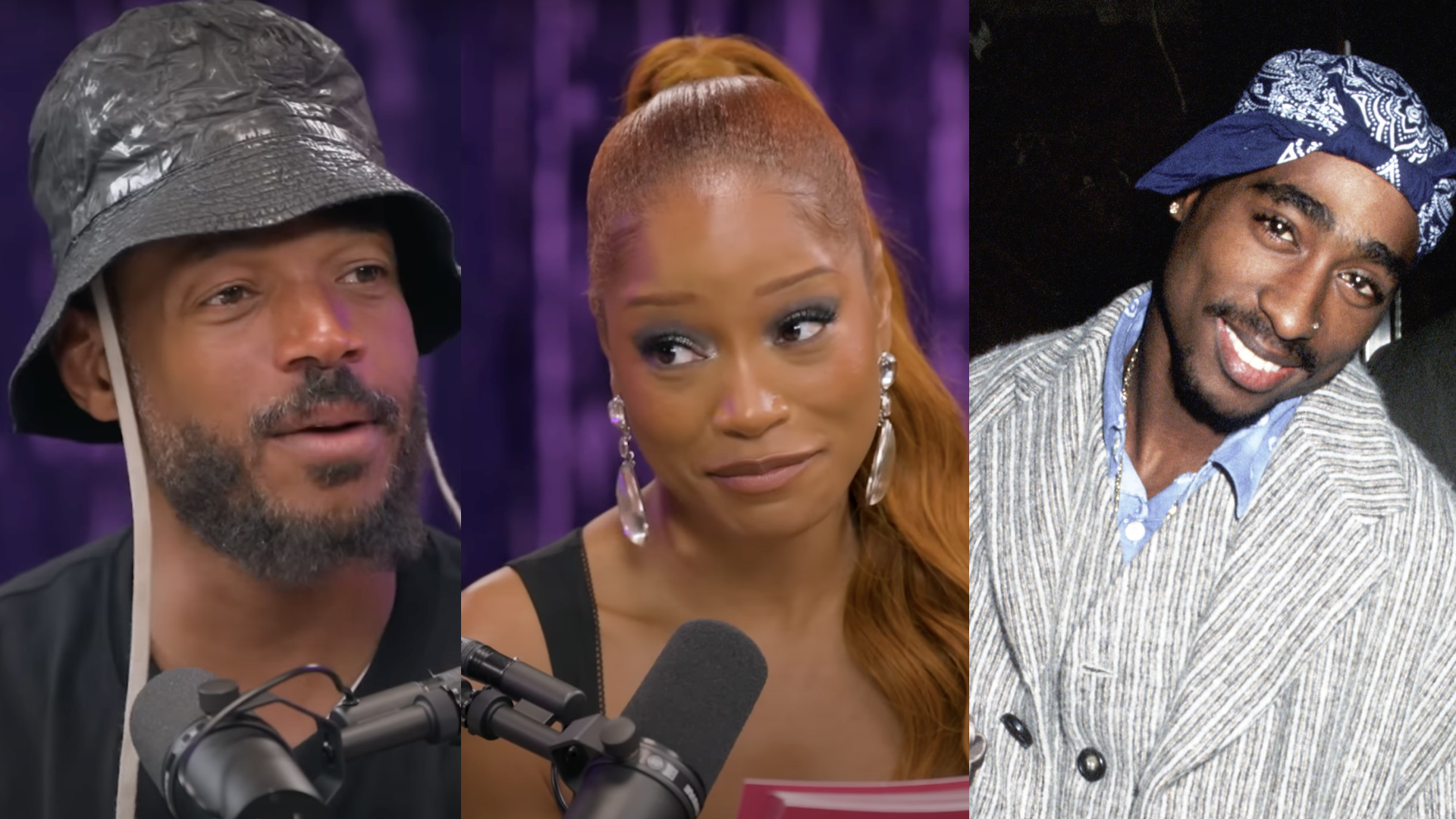 (L) Marlon Wayans speaking into a microphone. (Center) Keke Palmer speaking into a microphone. (R) Tupac Shakur at the Paris Theater in New York City, New York 