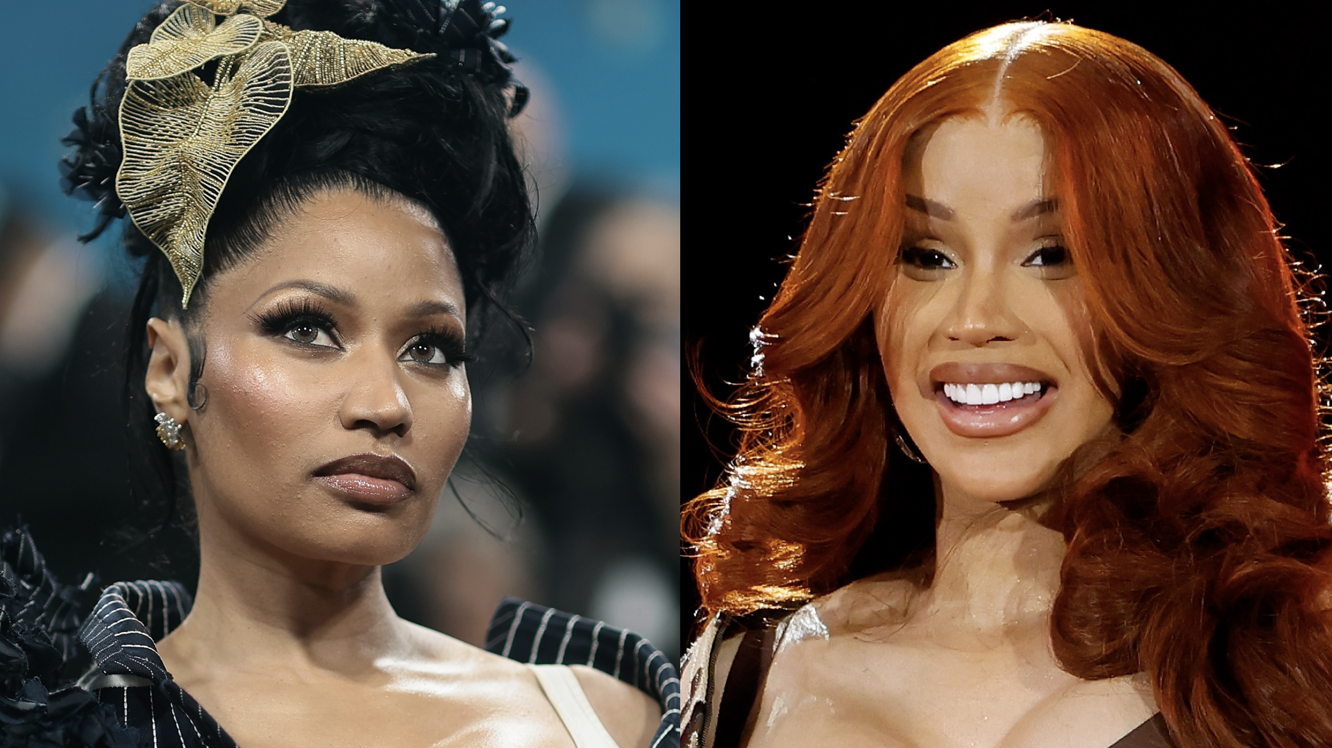 (L) Nicki Minaj attends the 2025 Met Gala Celebrating "Superfine: Tailoring Black Style" at Metropolitan Museum of Art on May 05, 2025 in New York City. (R) Cardi B performs during the 2025 Global Citizen Festival at Central Park's Great Lawn on September 27, 2025 in New York City.