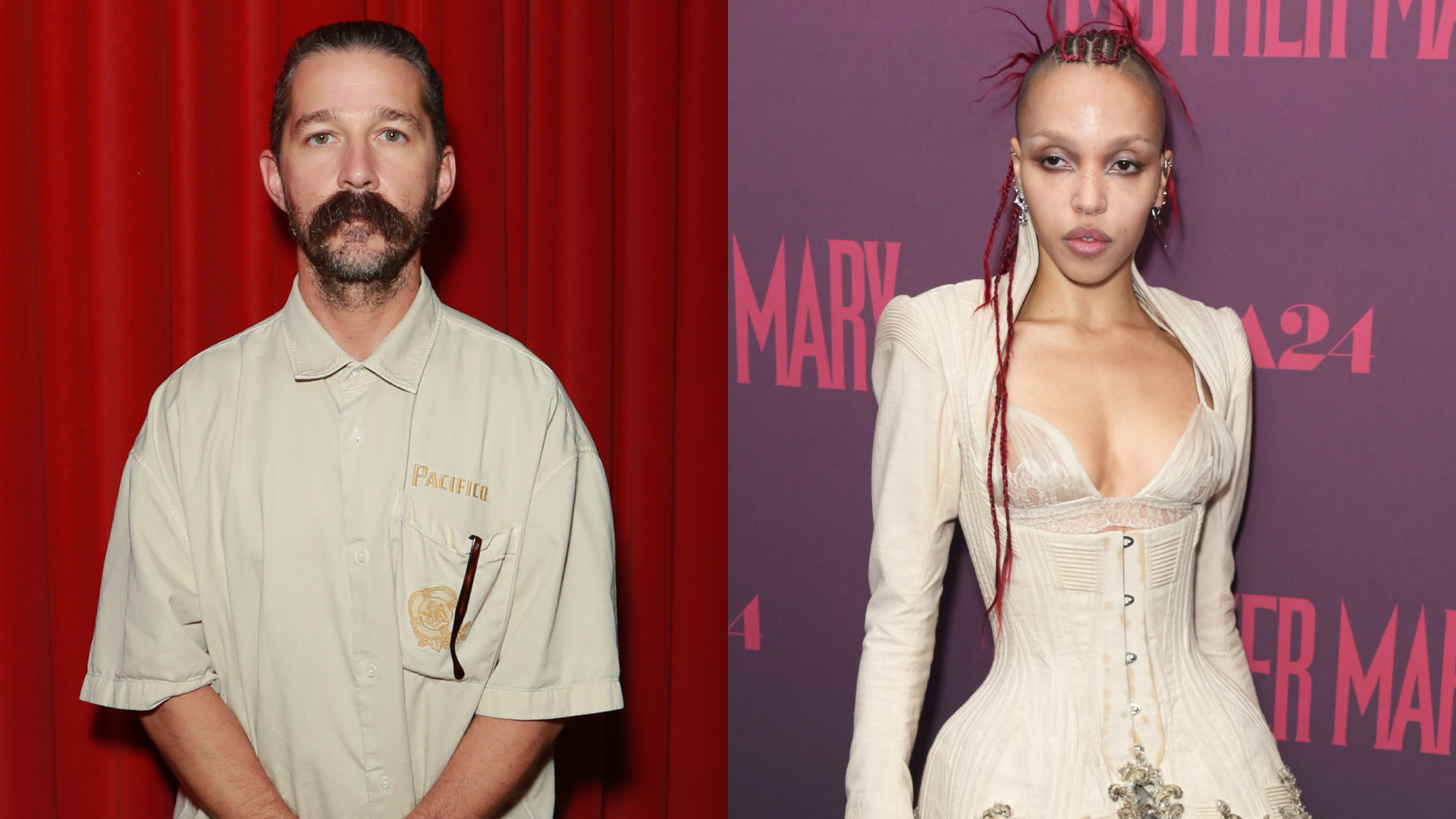 Shia LaBeouf with a mustache against a red curtain, and FKA twigs in a corset dress at an event with a purple backdrop.
