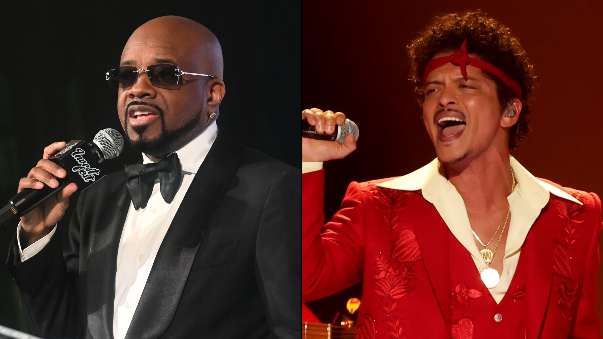Jermaine Dupri in a tuxedo with sunglasses on the left, Bruno Mars performing in a red outfit on the right.
