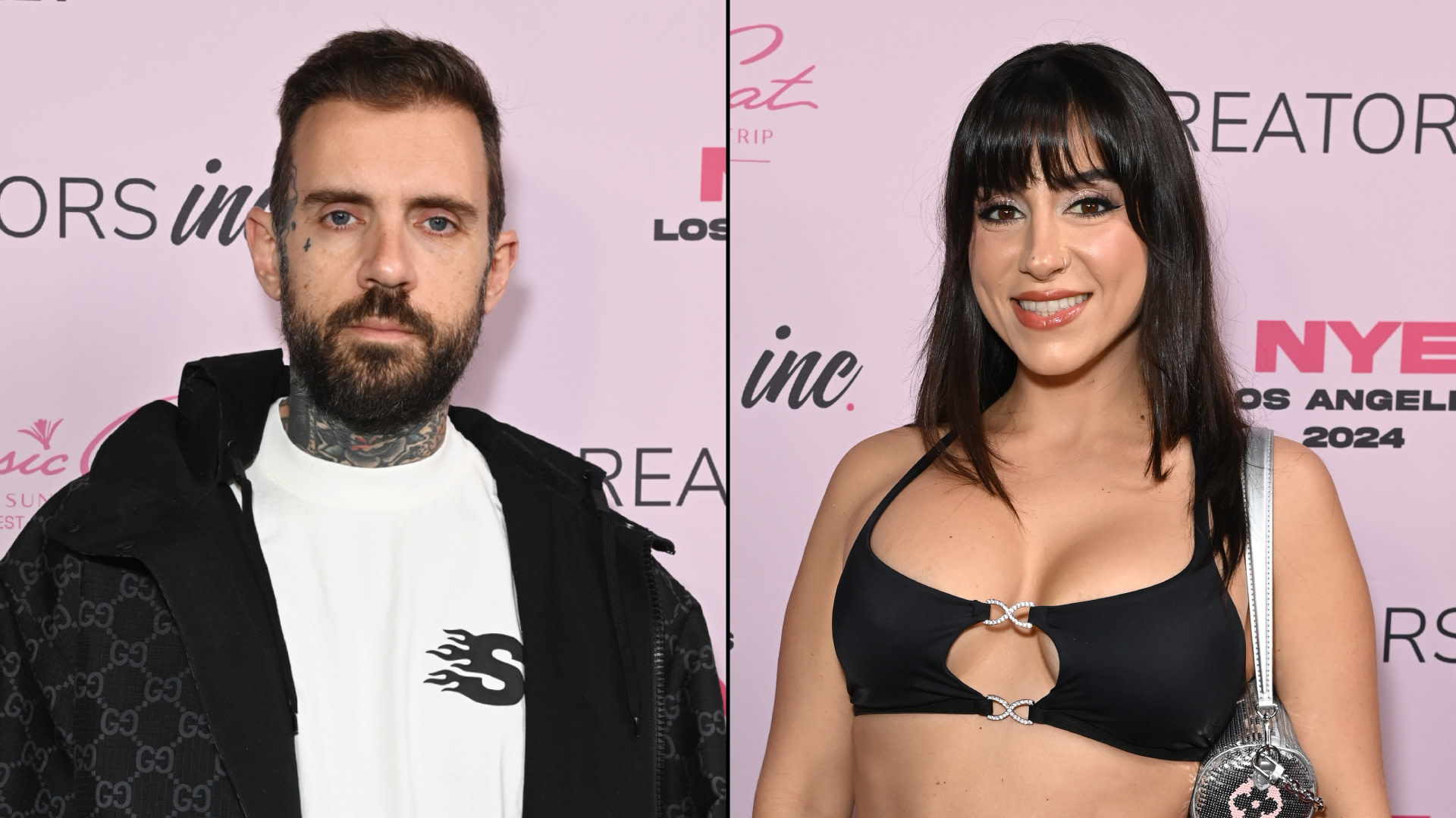 Two individuals at an event with a pink backdrop. Adam22 has tattoos and wears a black jacket, and Lena the Plug is in a black top.