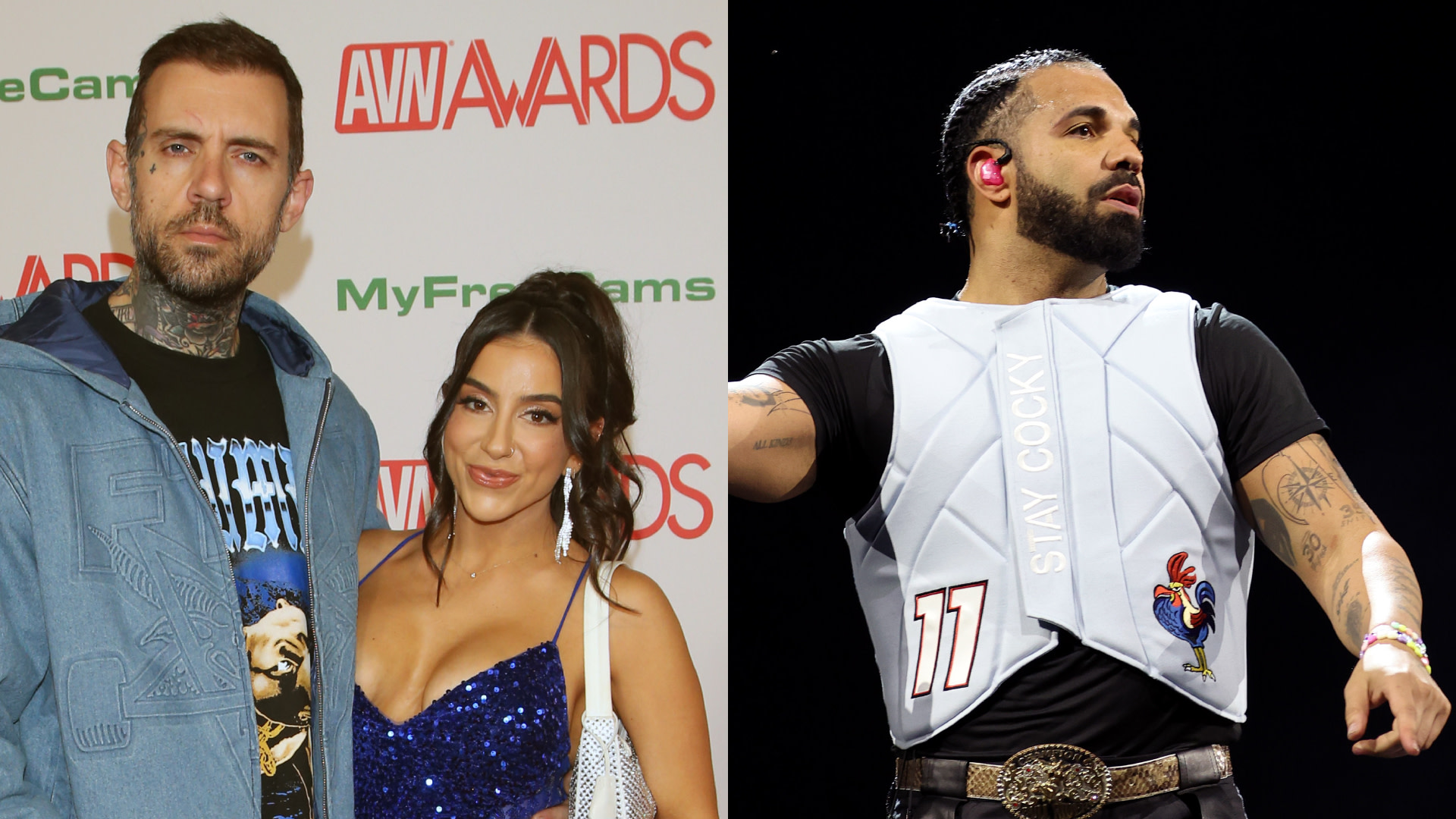 Split image. Left: Adam22 and Lena The Plug pose together. Right: Drake performing on stage wearing a vest.