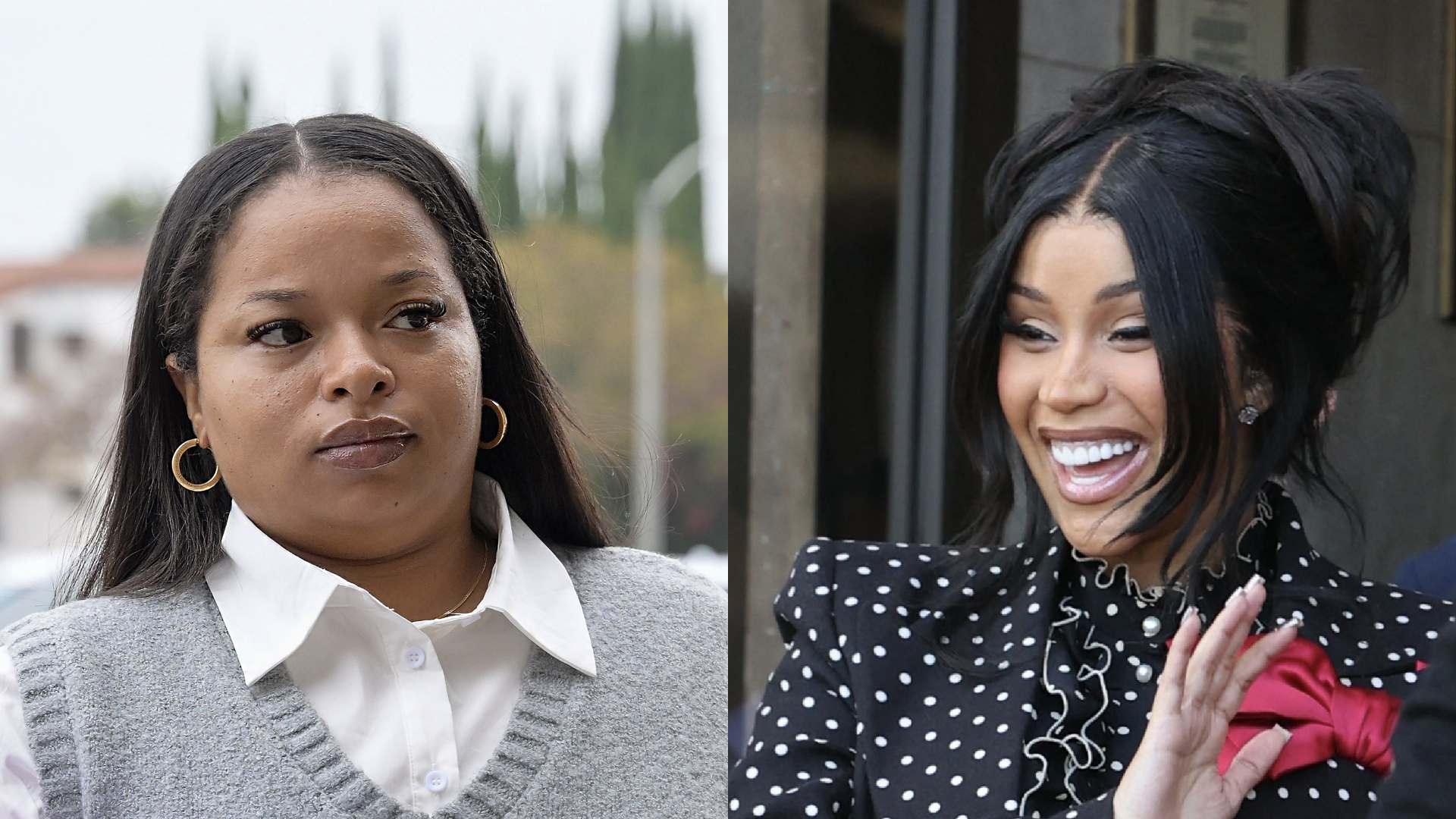 (L) Emani Ellis is seen arriving at court on August 26, 2025 in Los Angeles, California. (R) Cardi B is seen leaving court on September 2, 2025 in Alhambra, California.